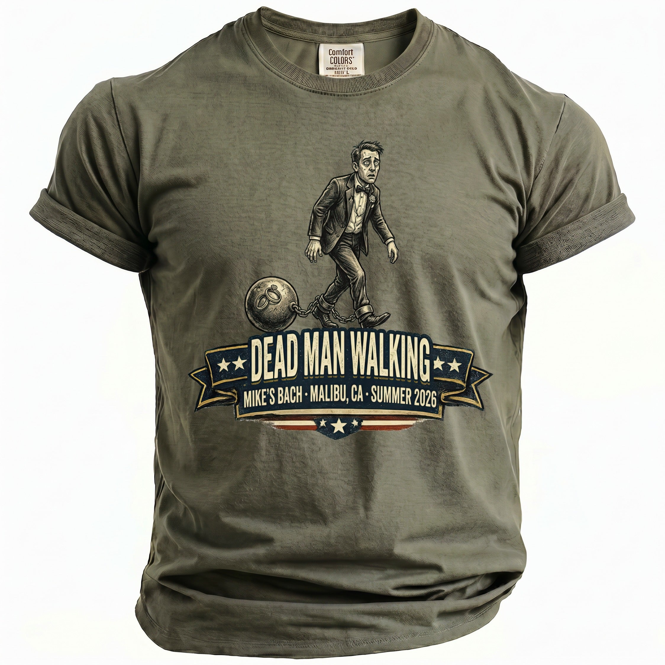 Olive t-shirt with "Dead Man Walking" graphic and text "Mike's Bach - Malibu, CA - Summer 2026".