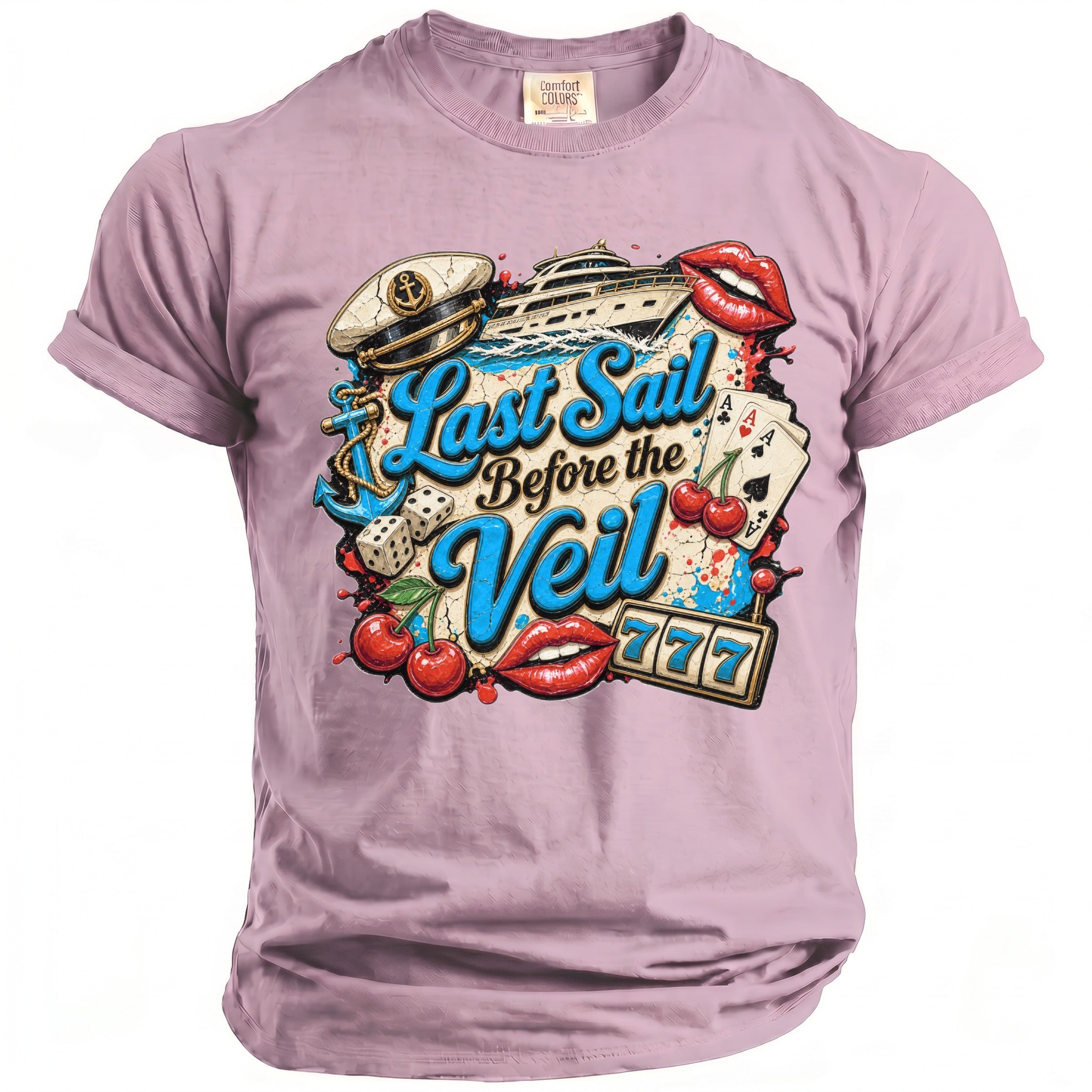 A pink t-shirt featuring a nautical themed graphic with the text Last Sail Before the Veil.