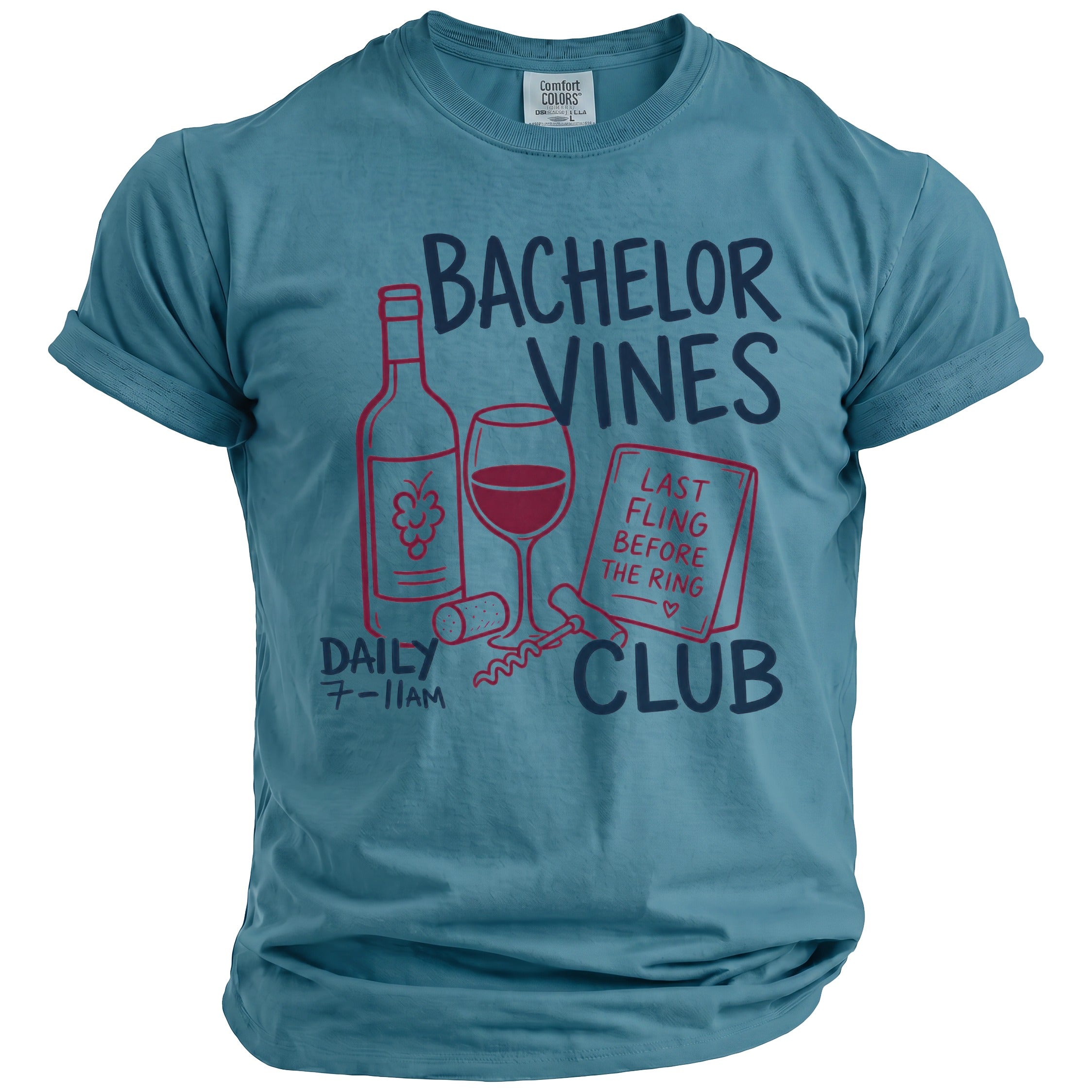 Teal t-shirt with "Bachelor Vines Club" graphic, wine bottle, glass, cork, and corkscrew.