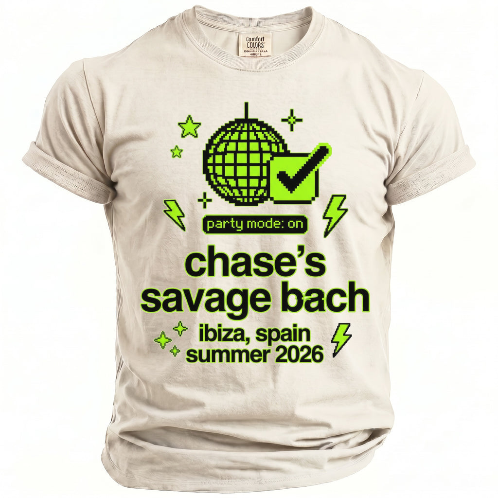 Light beige t-shirt with neon green graphic: disco ball, checkmark, lightning.