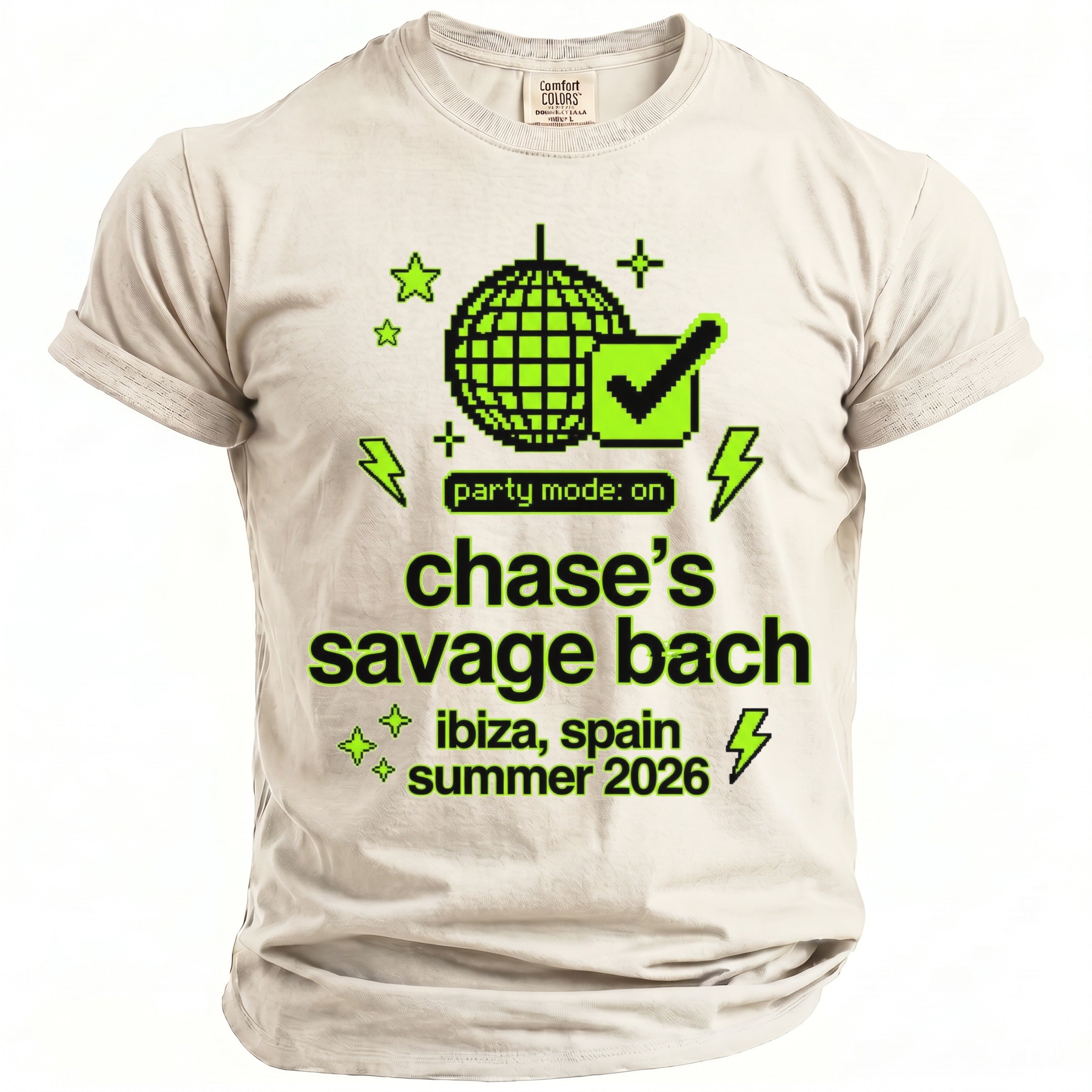 Light beige t-shirt with neon green graphic: disco ball, checkmark, lightning.