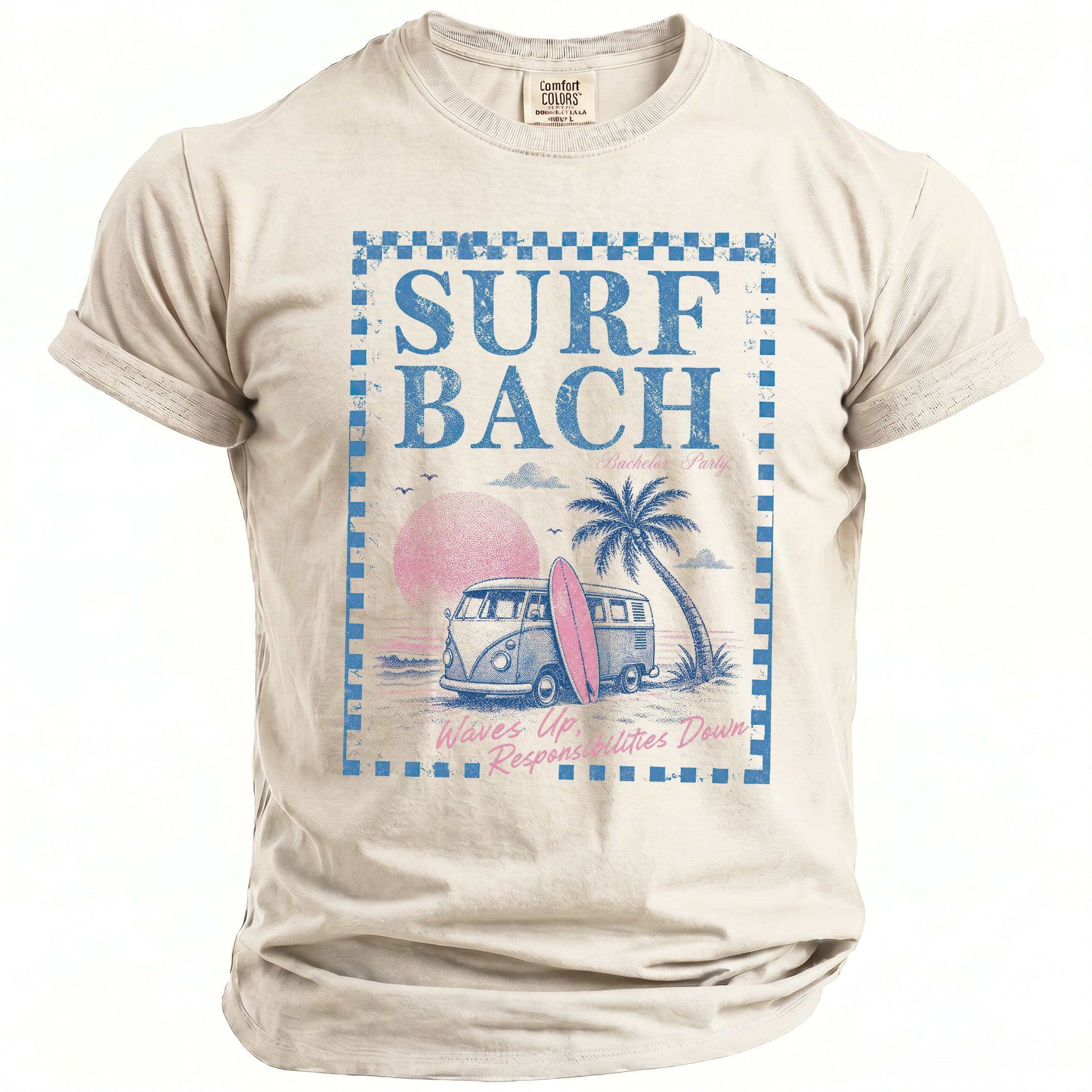 Surf Bach Bachelor Party graphic on a light-colored t-shirt with a vintage van and surfboard.