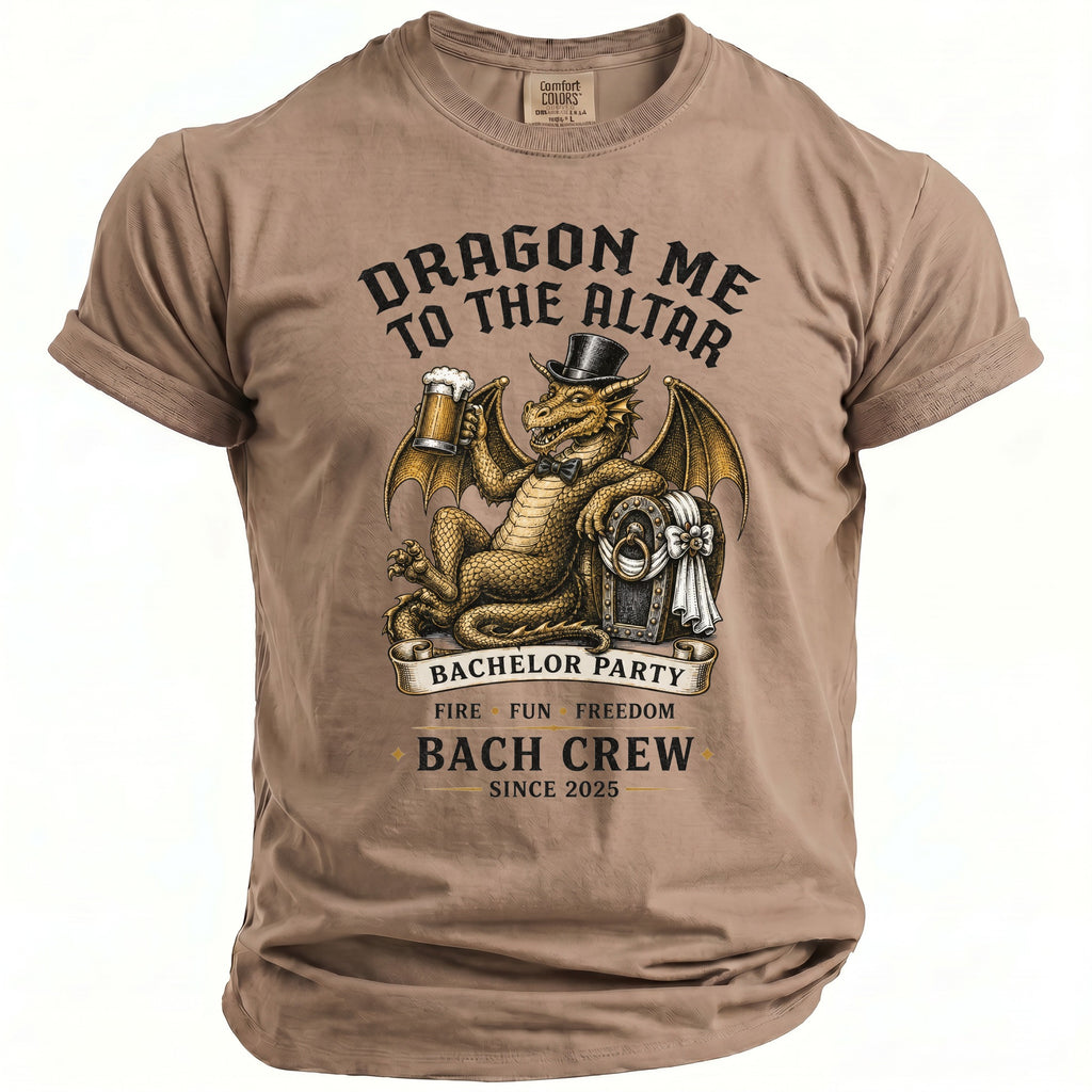 Brown t-shirt with a dragon graphic: "Dragon Me to the Altar," "Bachelor Party," "Bach Crew"