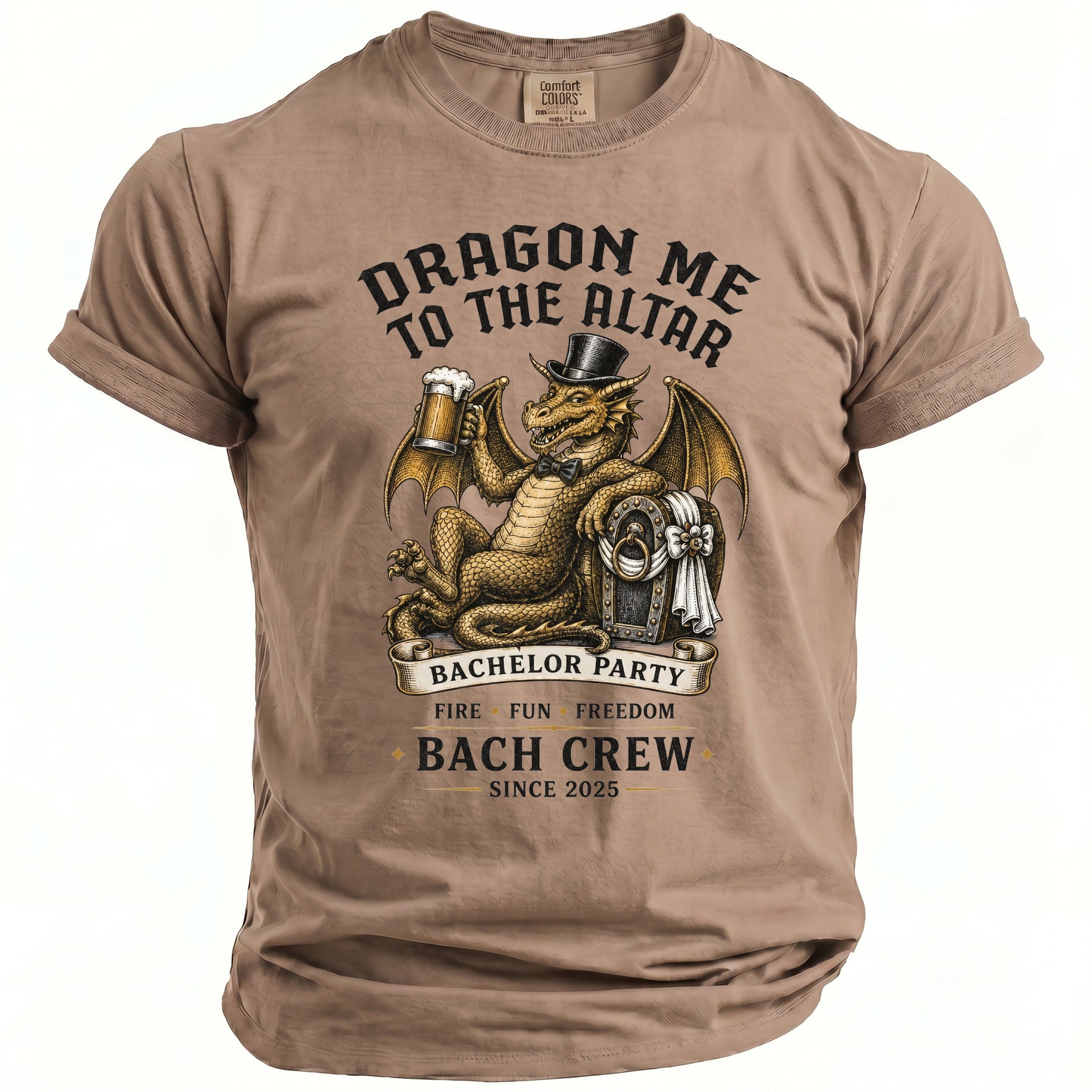 Brown t-shirt with a dragon graphic: "Dragon Me to the Altar," "Bachelor Party," "Bach Crew"