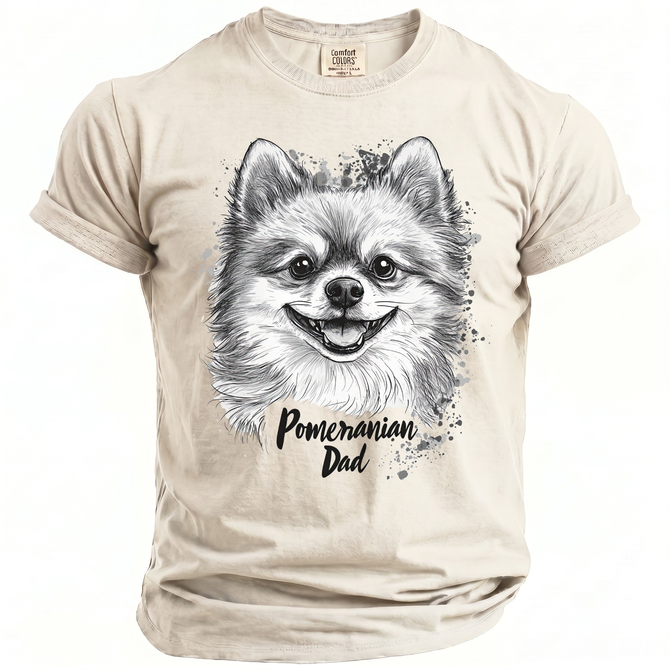 Light tan t-shirt with a sketched Pomeranian dog and "Pomeranian Dad" text.