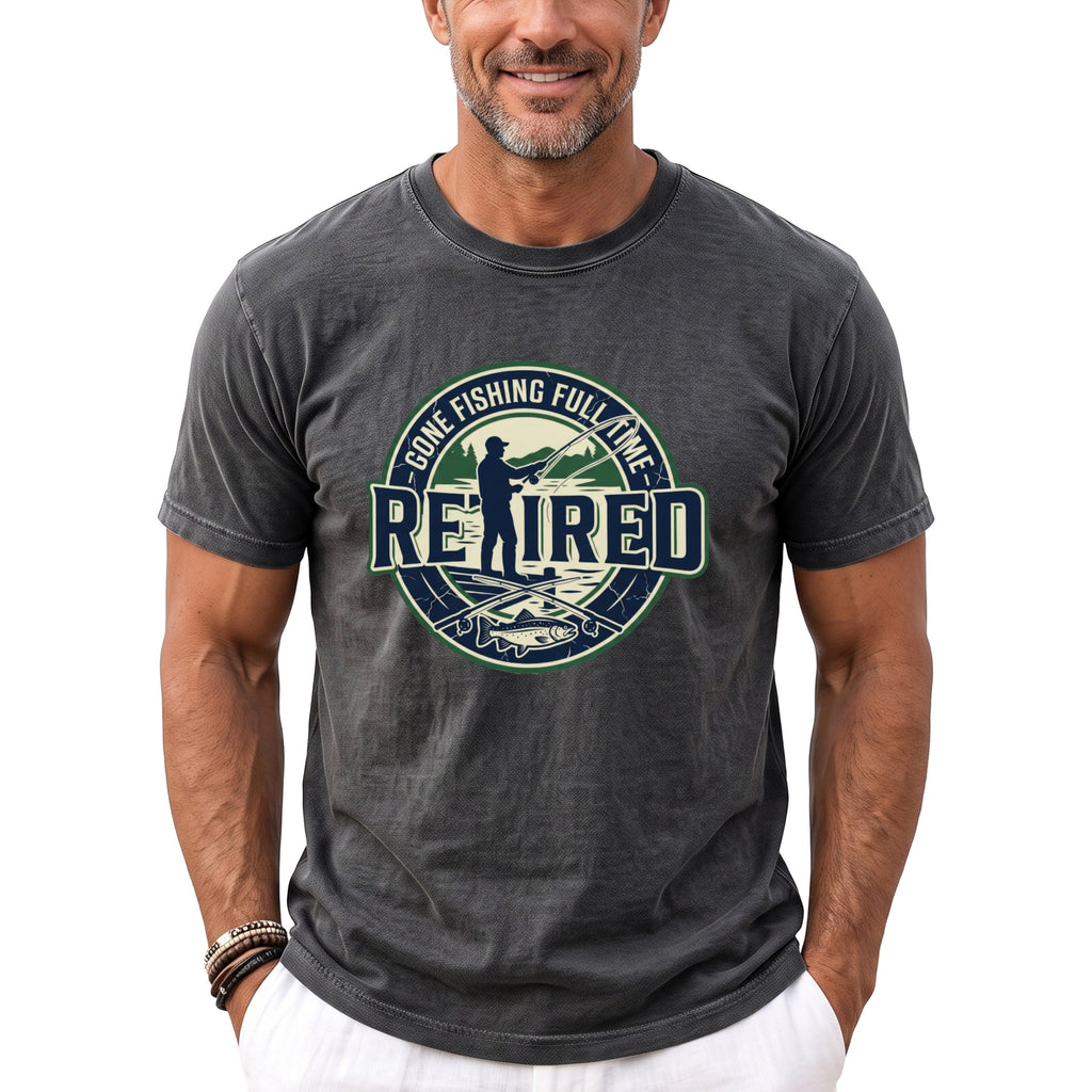 Dark grey t-shirt with a circular graphic saying "RETIRED GONE FISHING FULL TIME".