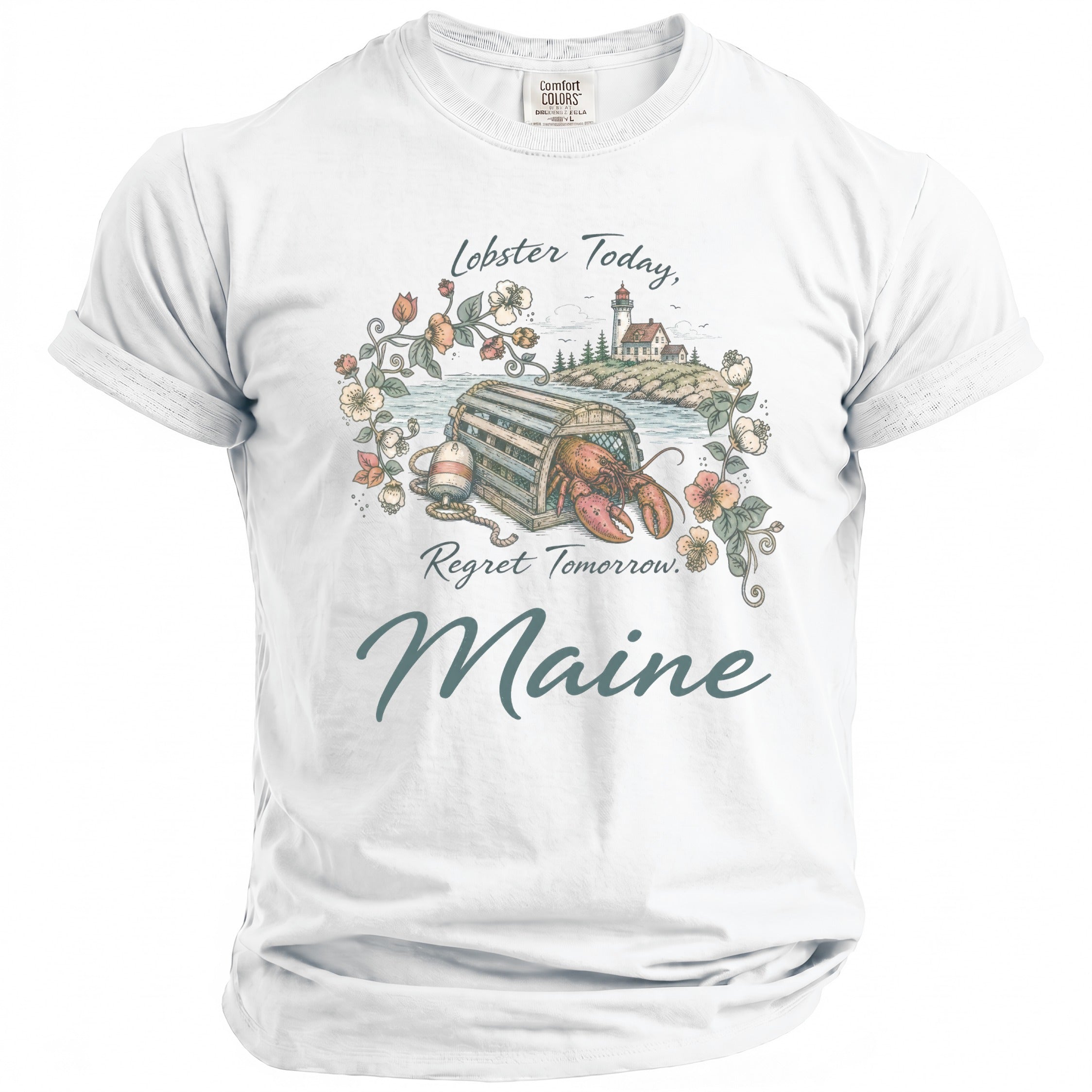 White t-shirt with a graphic of a lobster in a trap, lighthouse, and flowers with text.