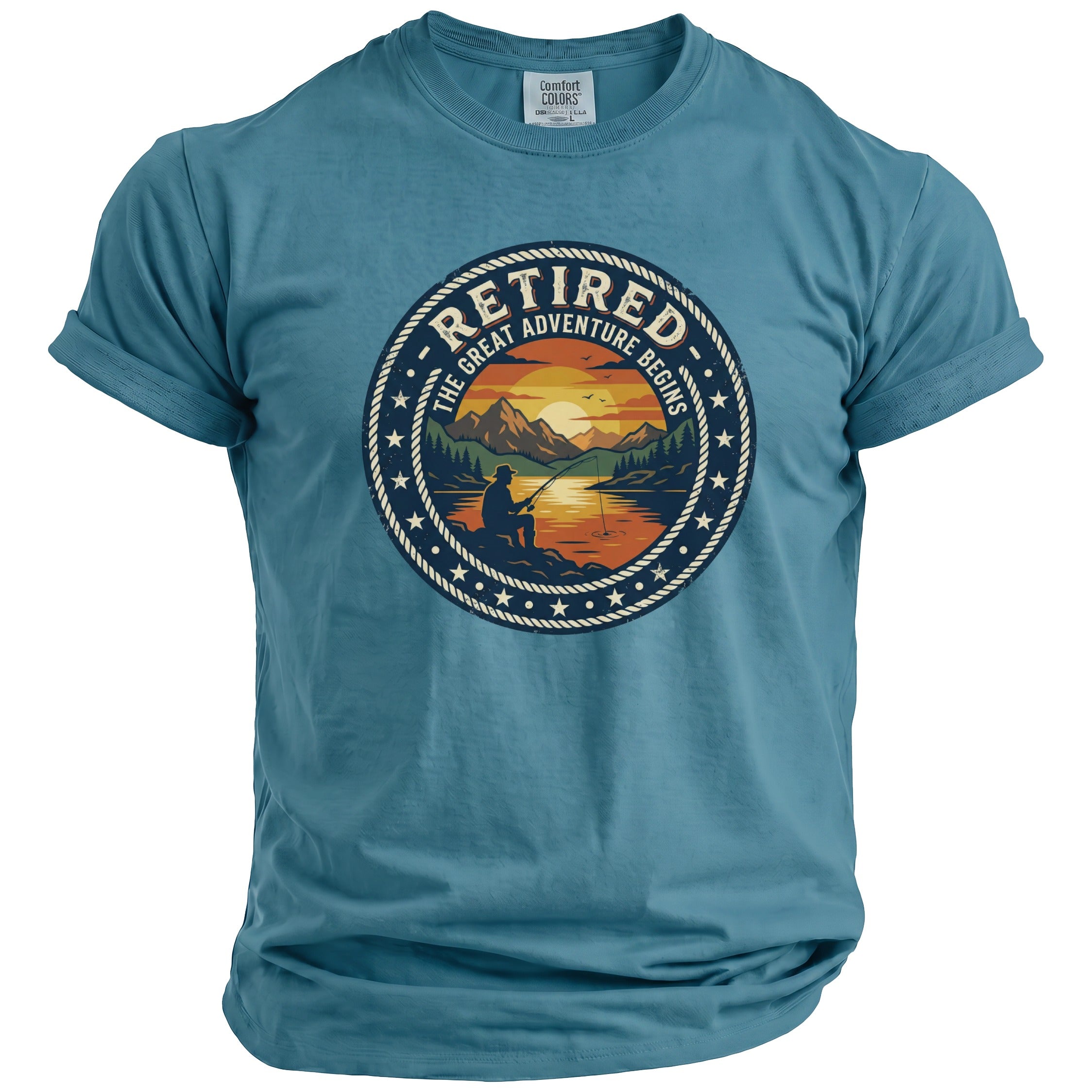Teal t-shirt with "Retired The Great Adventure Begins" fishing graphic.