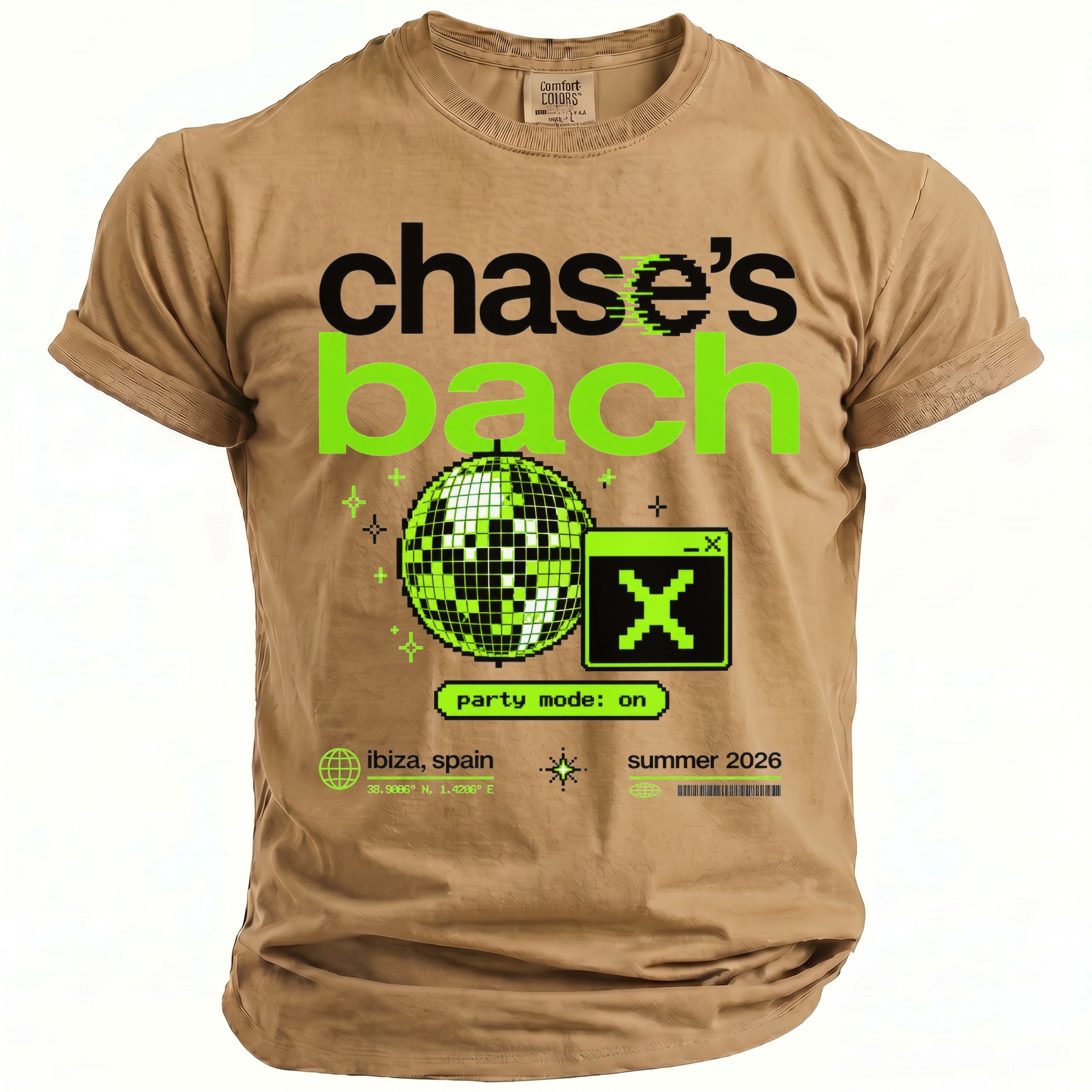 T-shirt with "chase's bach" text, disco ball, and Ibiza location.