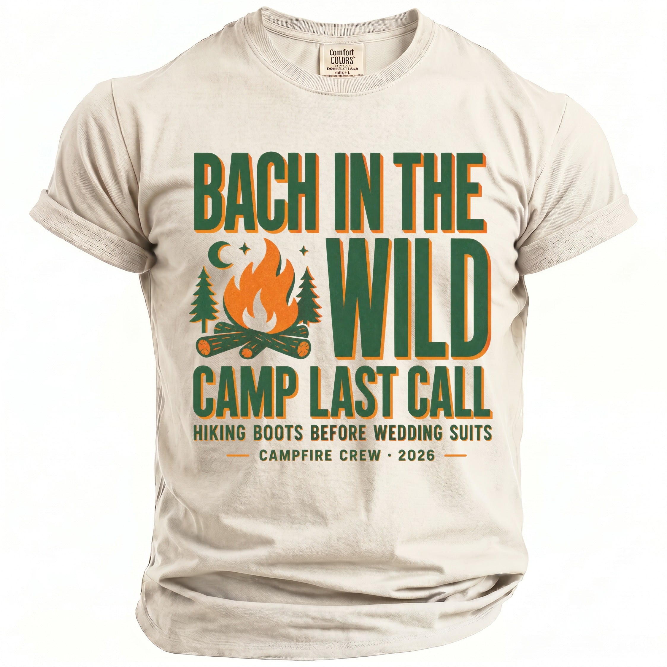 T-shirt with "Bach In The Wild Camp Last Call" and camping graphics.