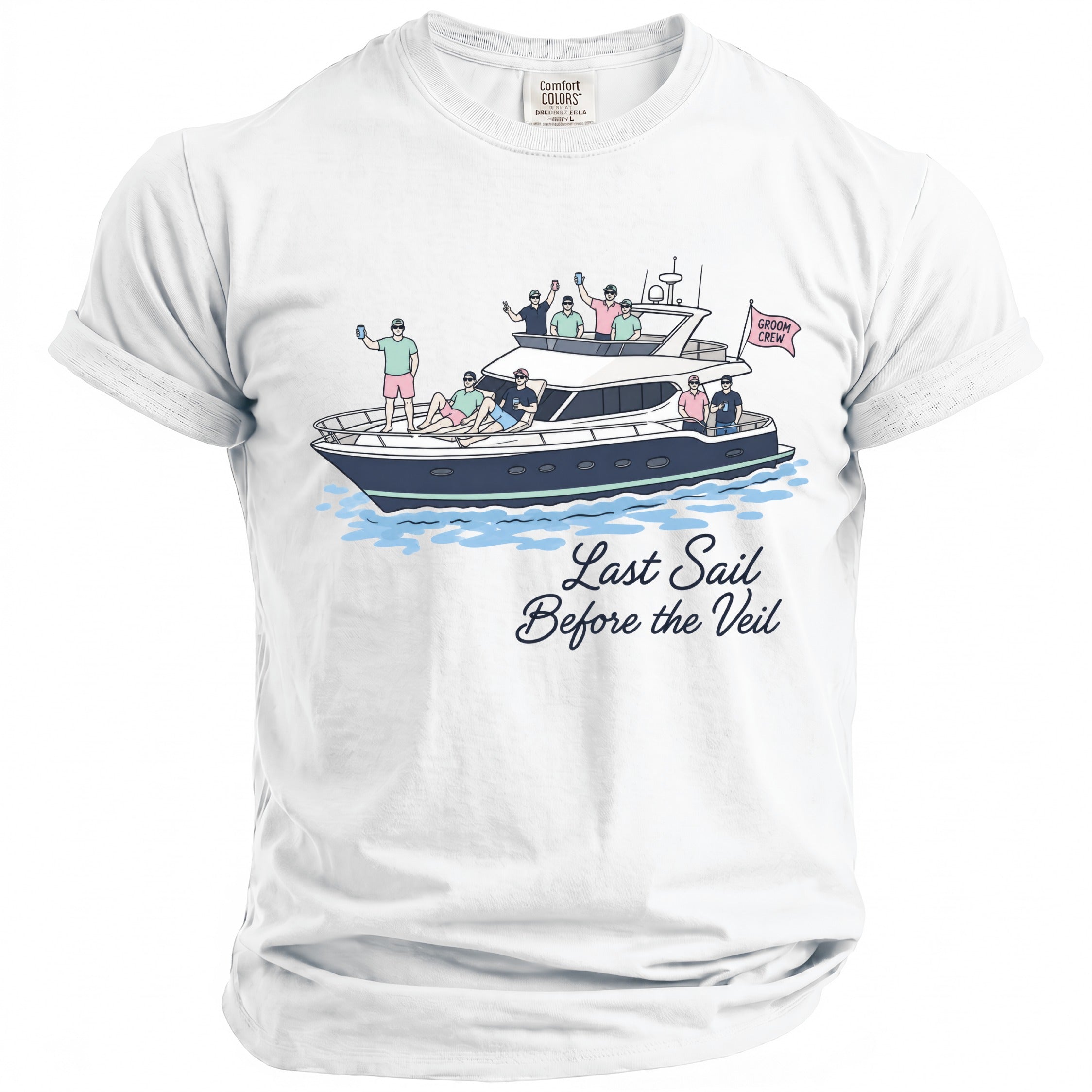 White t-shirt with illustration of men on a yacht, text "Last Sail Before the Veil".