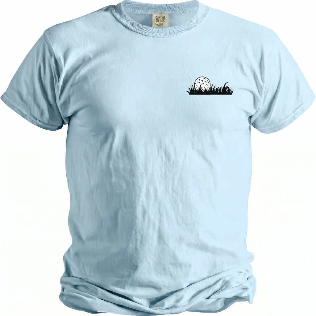 Light blue t-shirt with a small black graphic of a golf ball and grass.