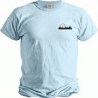 Light blue t-shirt with a small black graphic of a golf ball and grass.