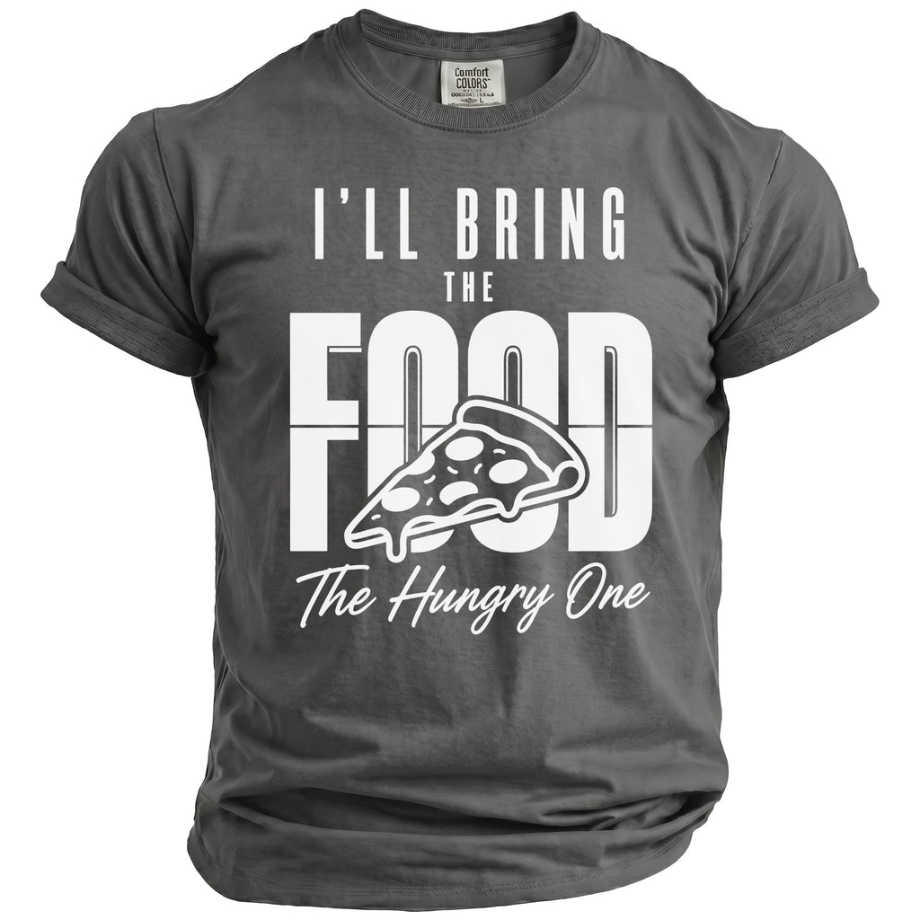 Charcoal t-shirt with white text "I'LL BRING THE FOOD" and a pizza slice.
