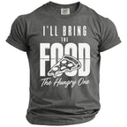Charcoal t-shirt with white text "I'LL BRING THE FOOD" and a pizza slice.