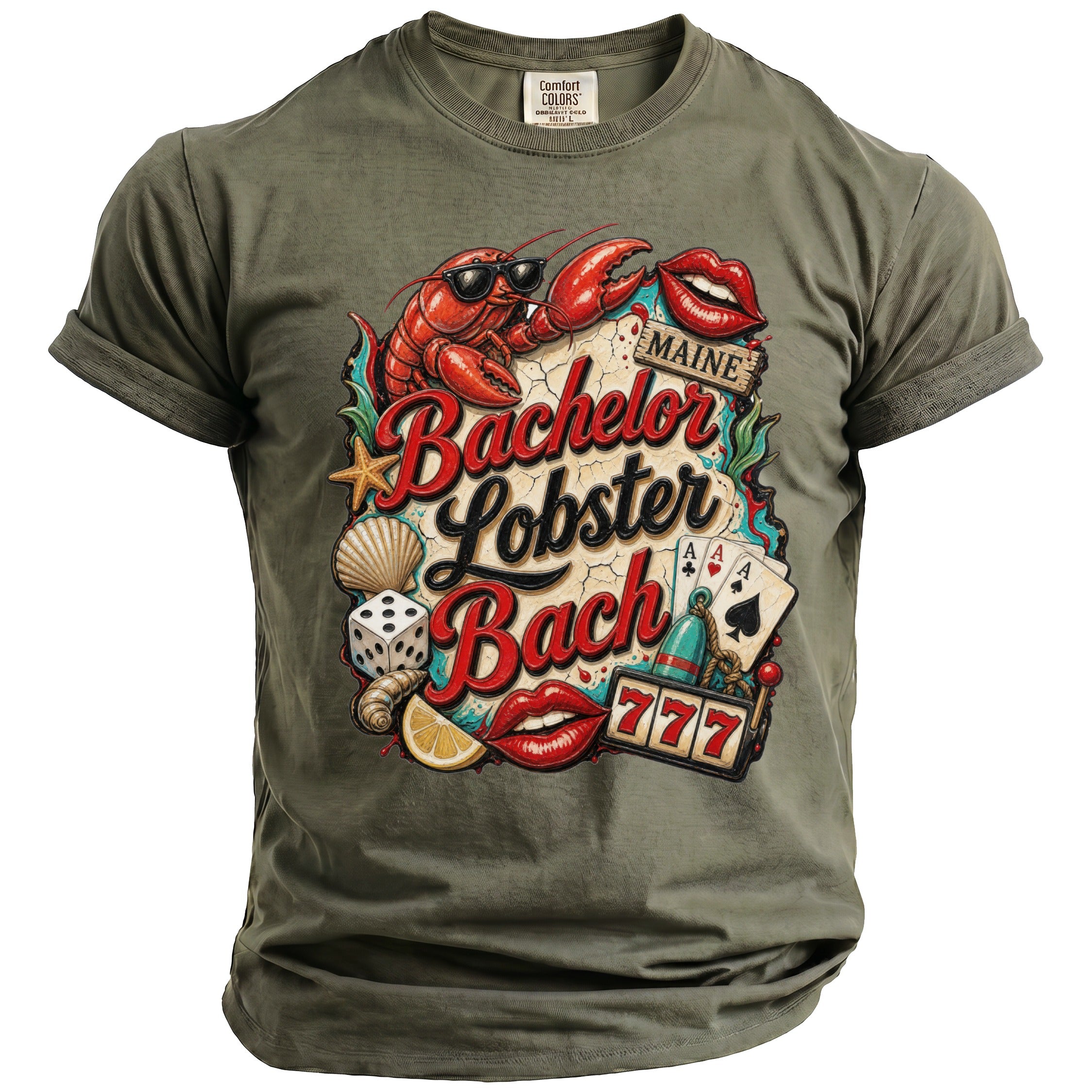 T-shirt with lobster, dice, playing cards, and text "Maine Bachelor Lobster Bach."