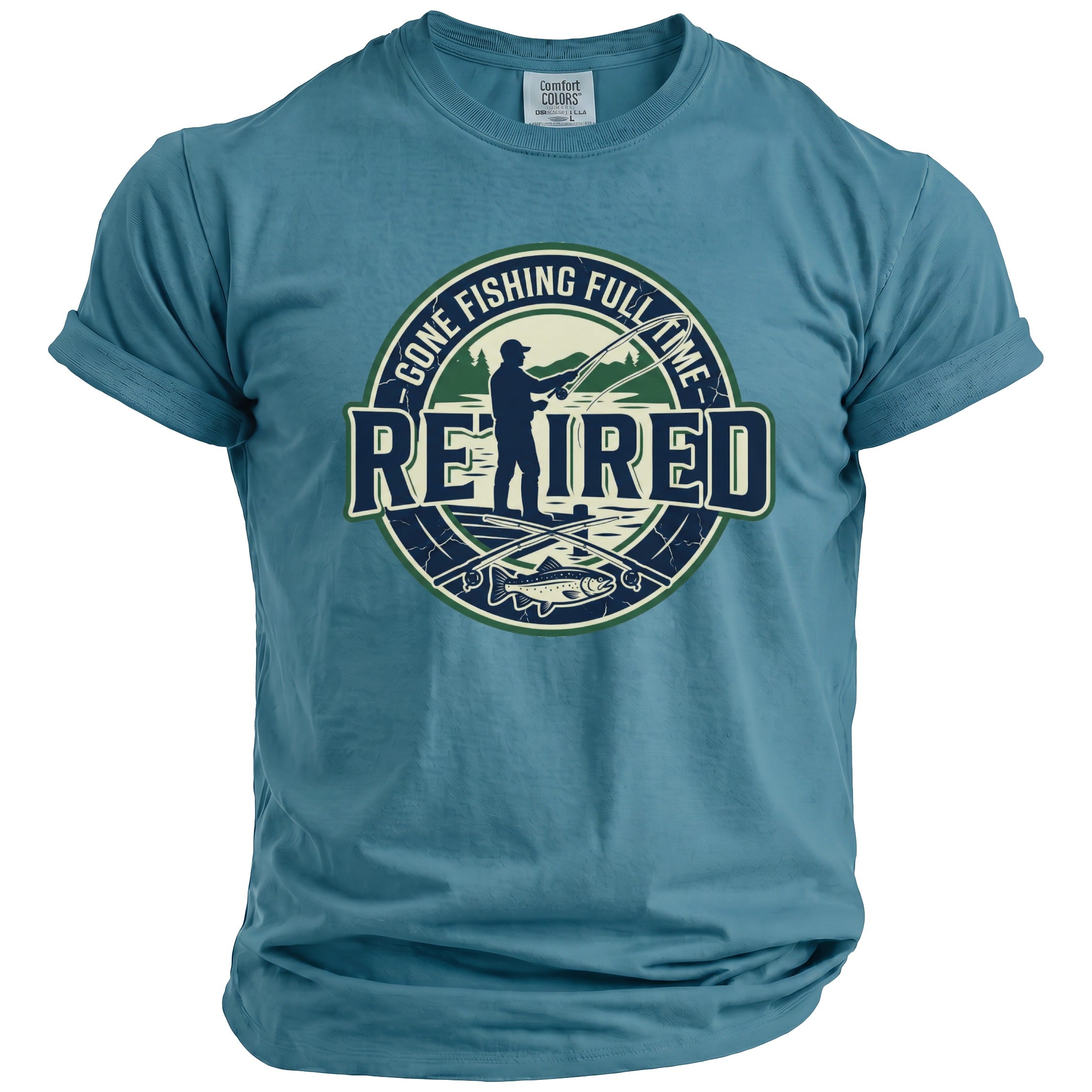 Blue t-shirt with "Retired Gone Fishing Full Time" graphic of a fisherman and fish.