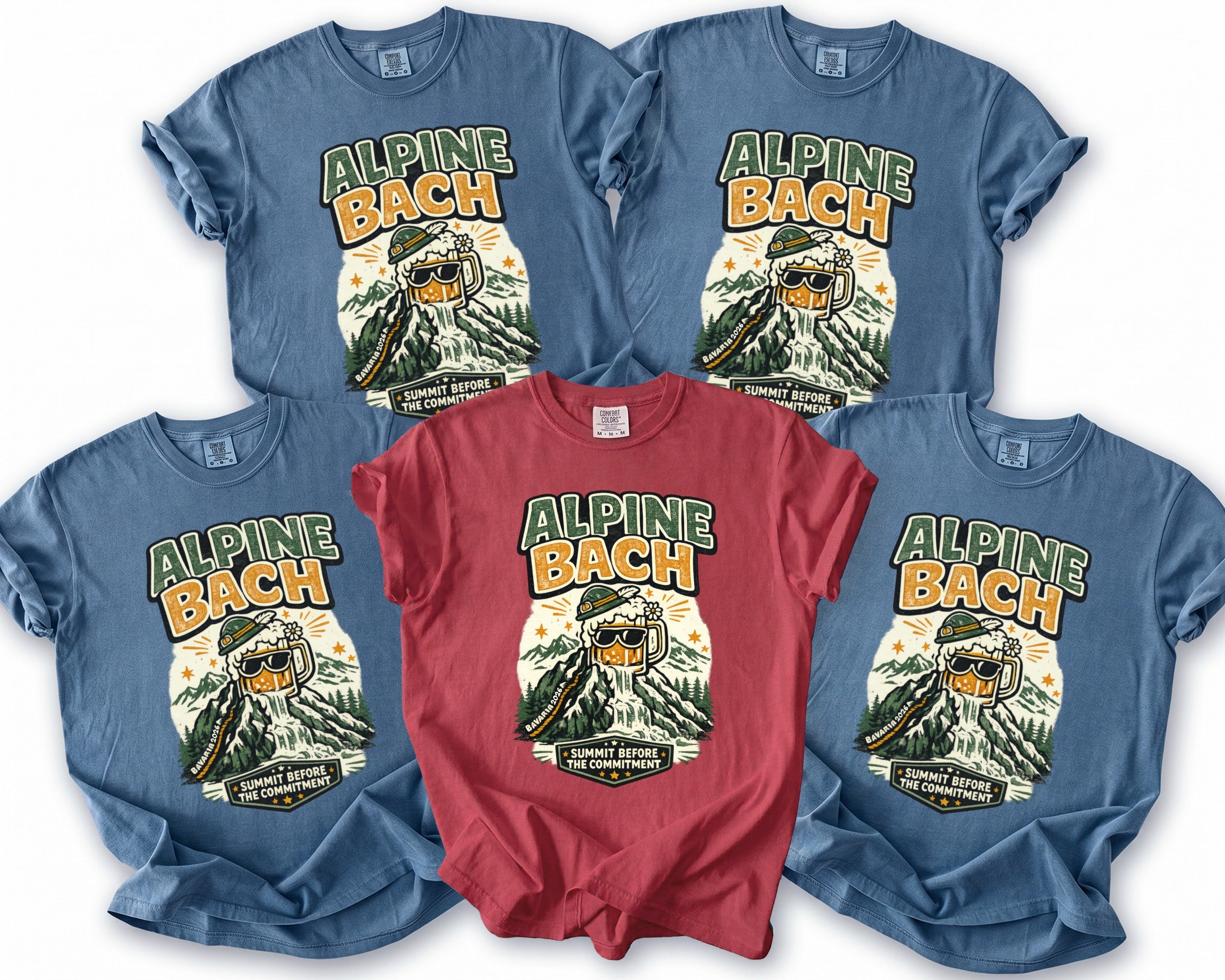 T-shirts feature "Alpine Bach" graphic with a beer mug on a mountain.