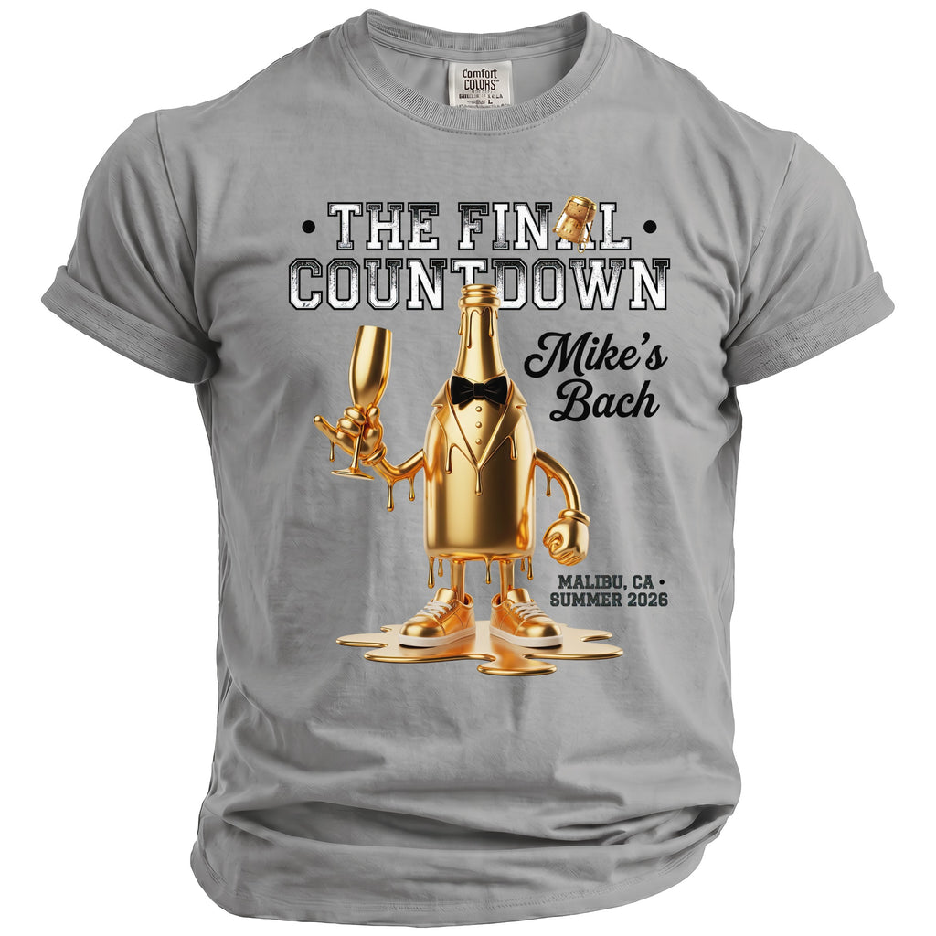 Gold champagne bottle in suit with "The Final Countdown Mike's Bach" text.