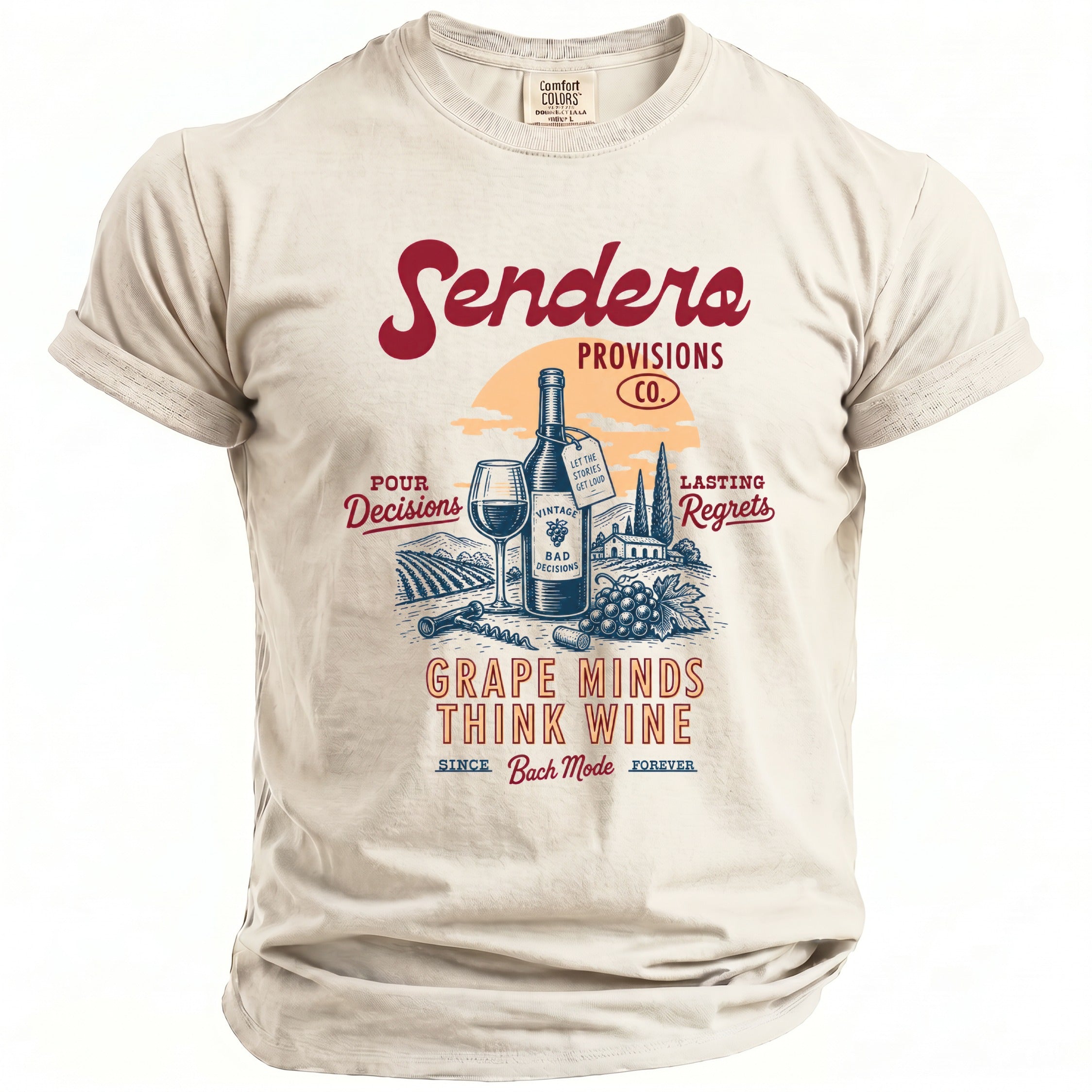 T-shirt with Sendero Provisions Co. graphic featuring wine bottle, glass, and vineyard.