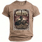 T-shirt graphic with a man in a hat holding a cigar and drink, text "MOB BOSS BEFORE THE RING VINCENT'S BACH".