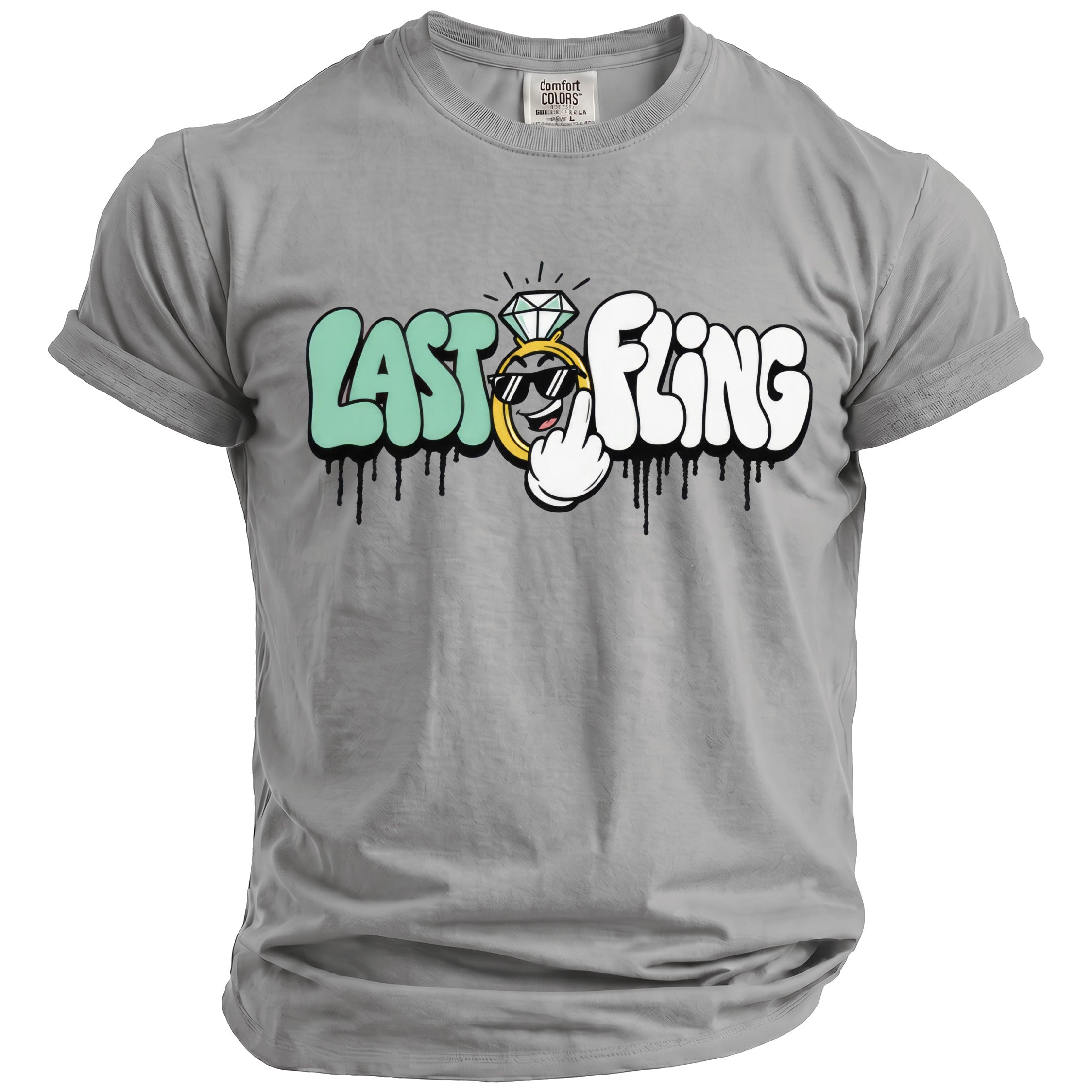 Grey t-shirt with "LAST FLING" text featuring a diamond ring and dripping graphic.