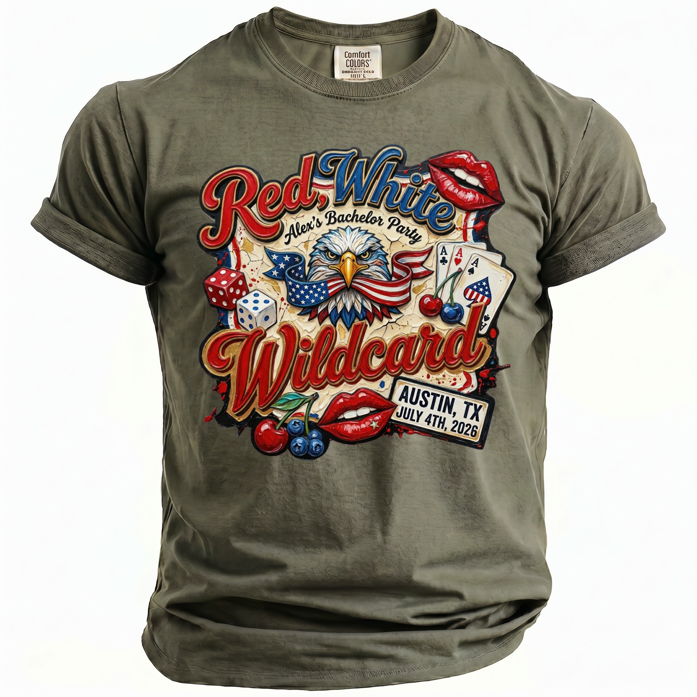 Olive green t-shirt with "Red White Wildcard" text, eagle, dice, and cards.