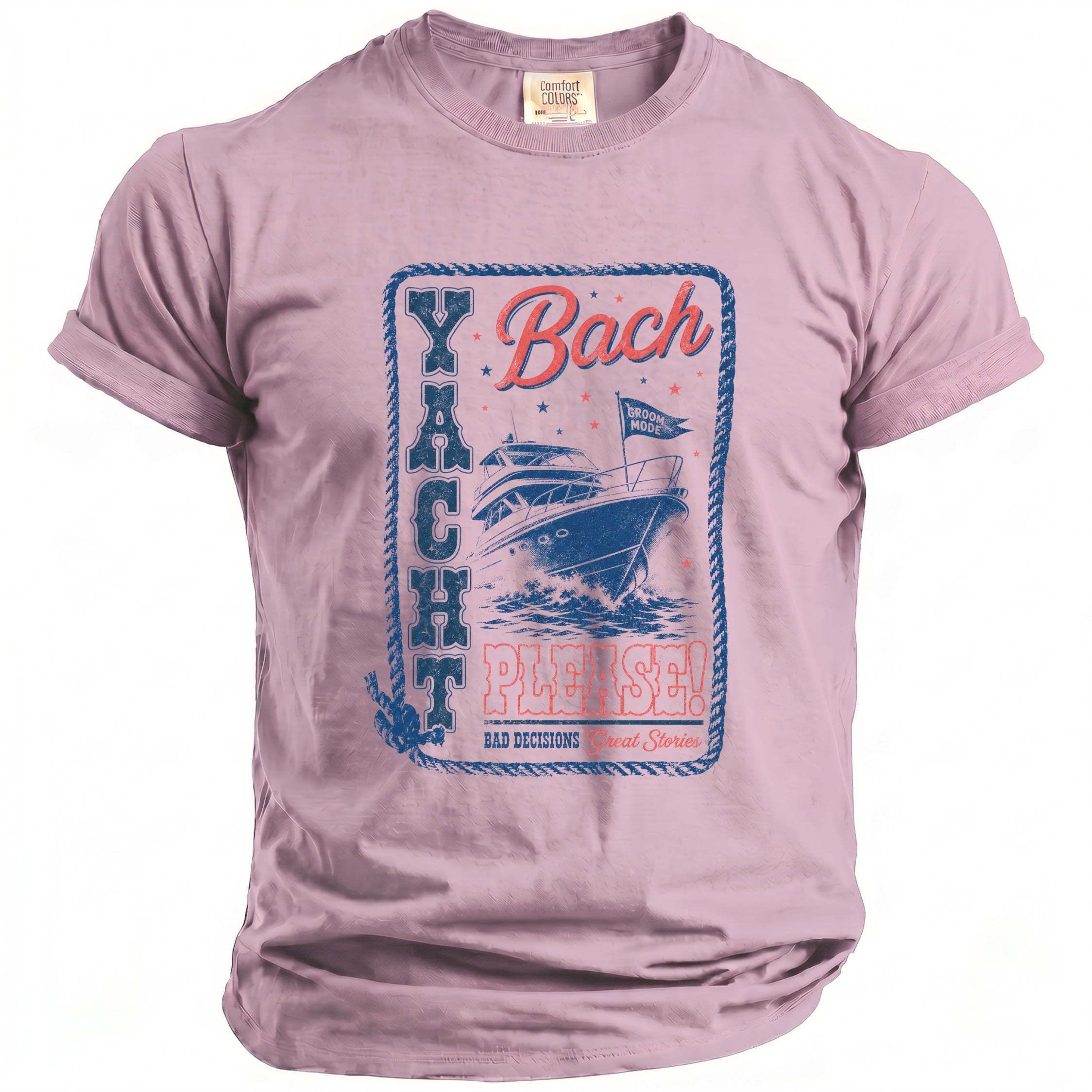 Pink t-shirt with "Yacht Bach Please!" graphic featuring a boat and text.