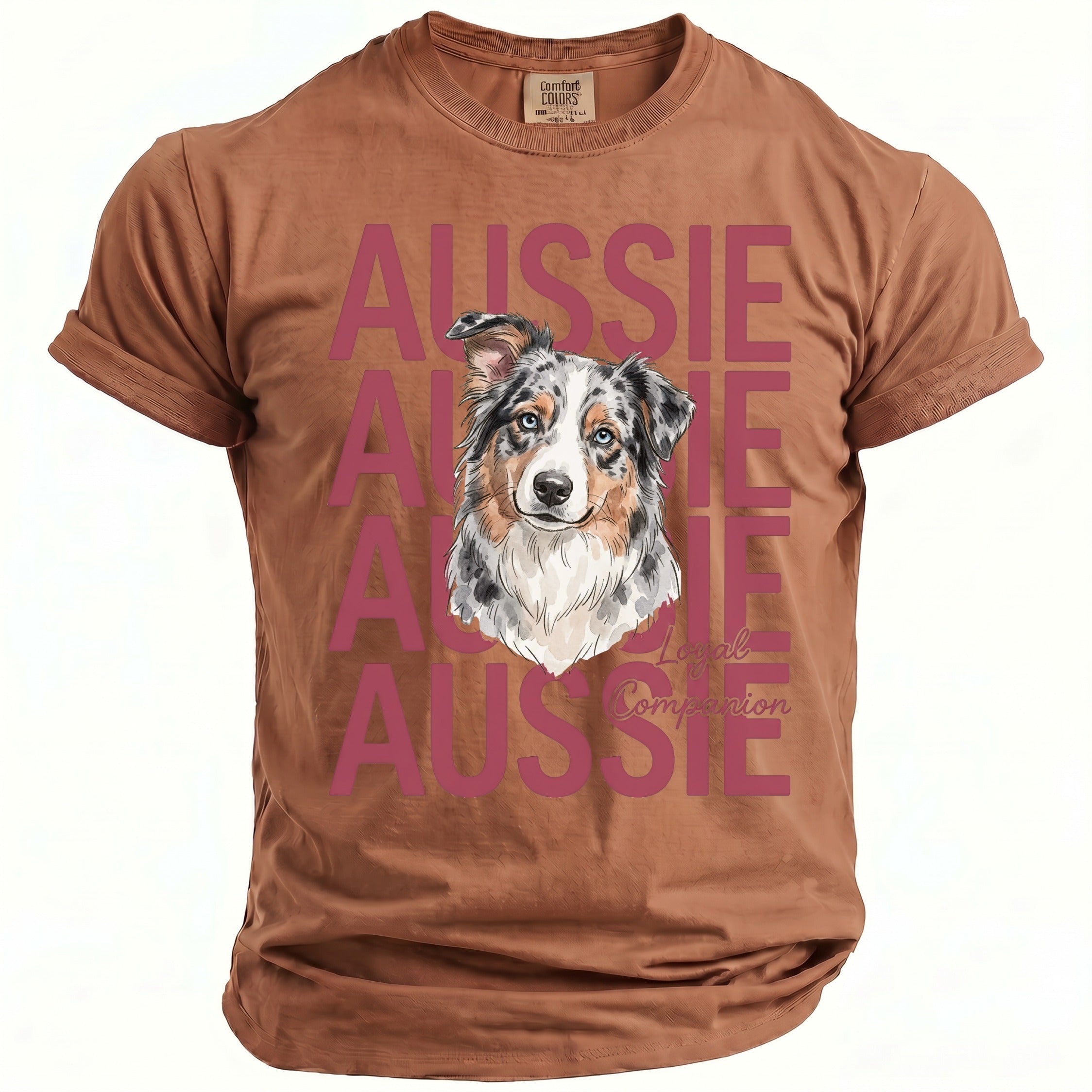 Brown t-shirt with watercolor Australian Shepherd dog and "Aussie Loyal Companion" text.