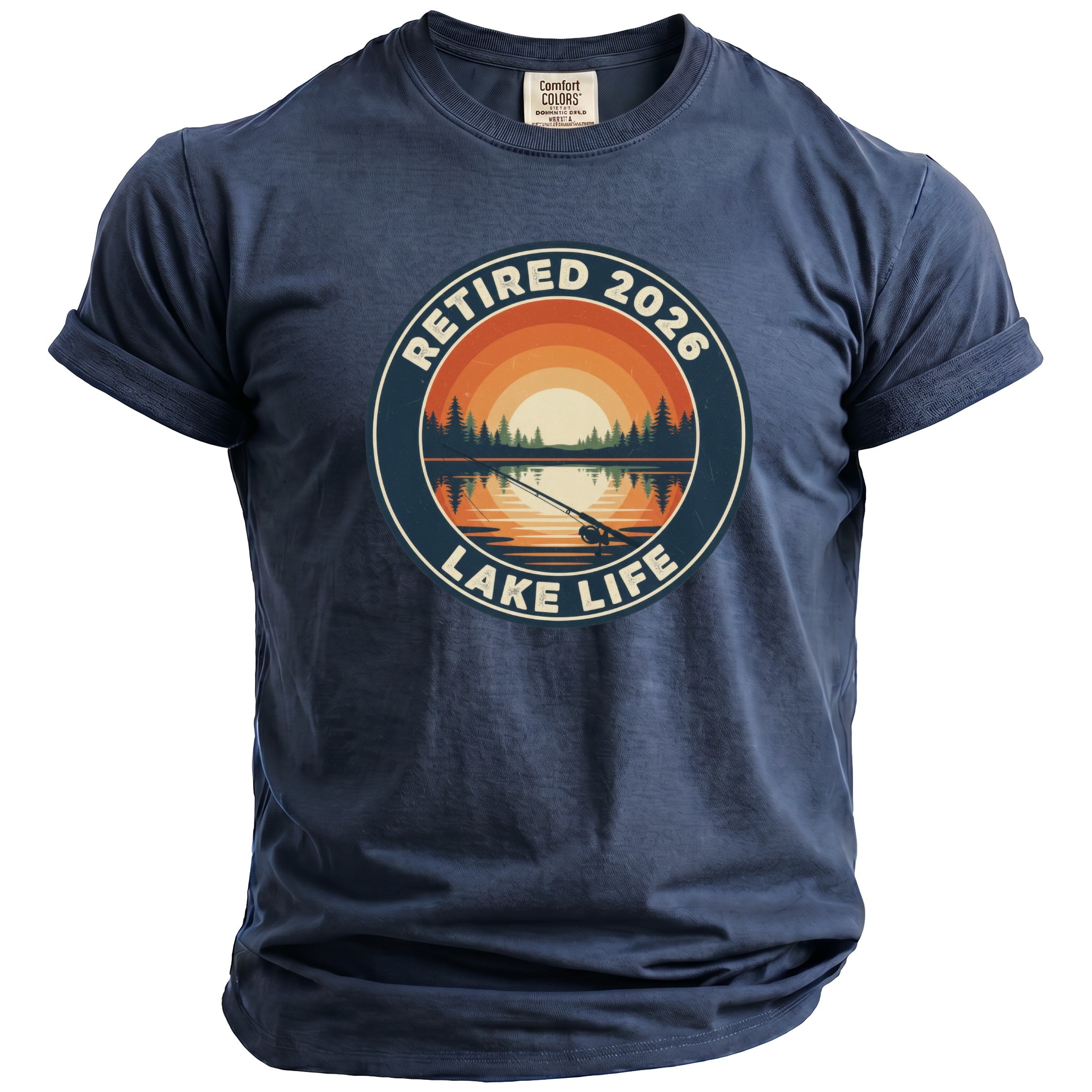 Navy t-shirt with "Retired 2026 Lake Life" circular graphic of a sunset over a lake.