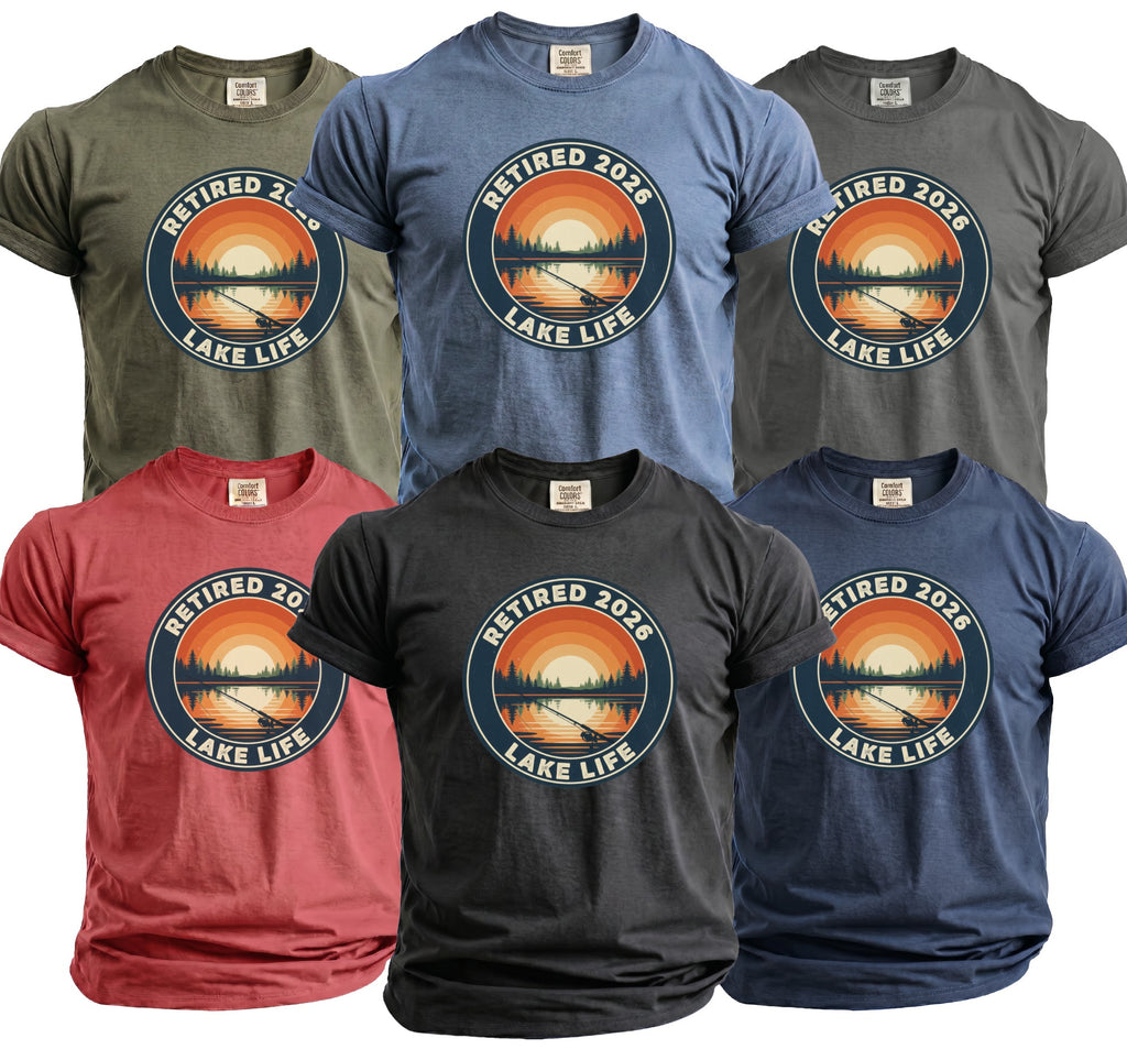 T-shirts featuring a circular graphic of a sunset over a lake with a fishing rod.