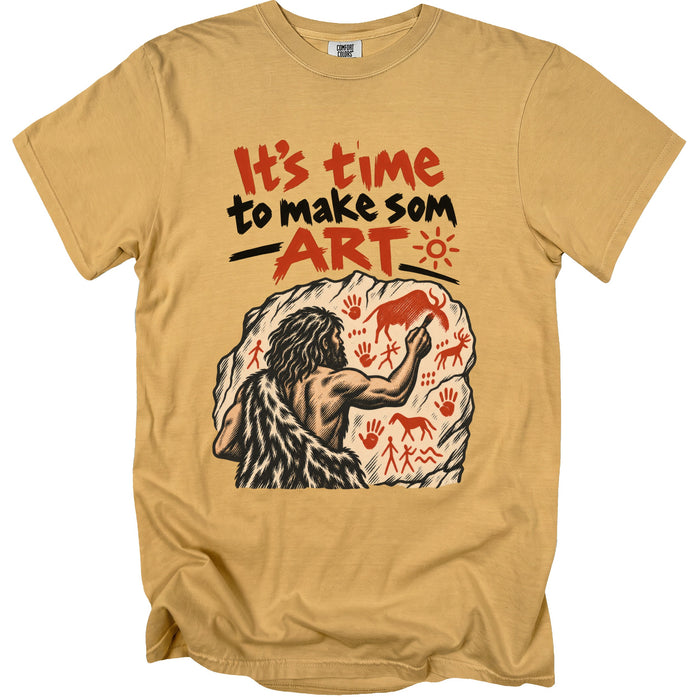 Caveman painting on rock art with text "It's time to make some ART".
