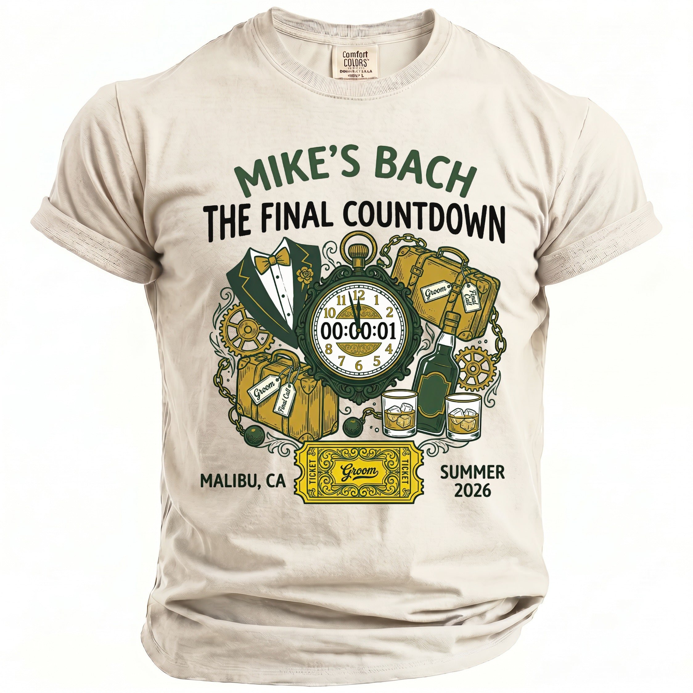 T-shirt with "Mike's Bach The Final Countdown" text, featuring a suit, clock, luggage, and drinks.