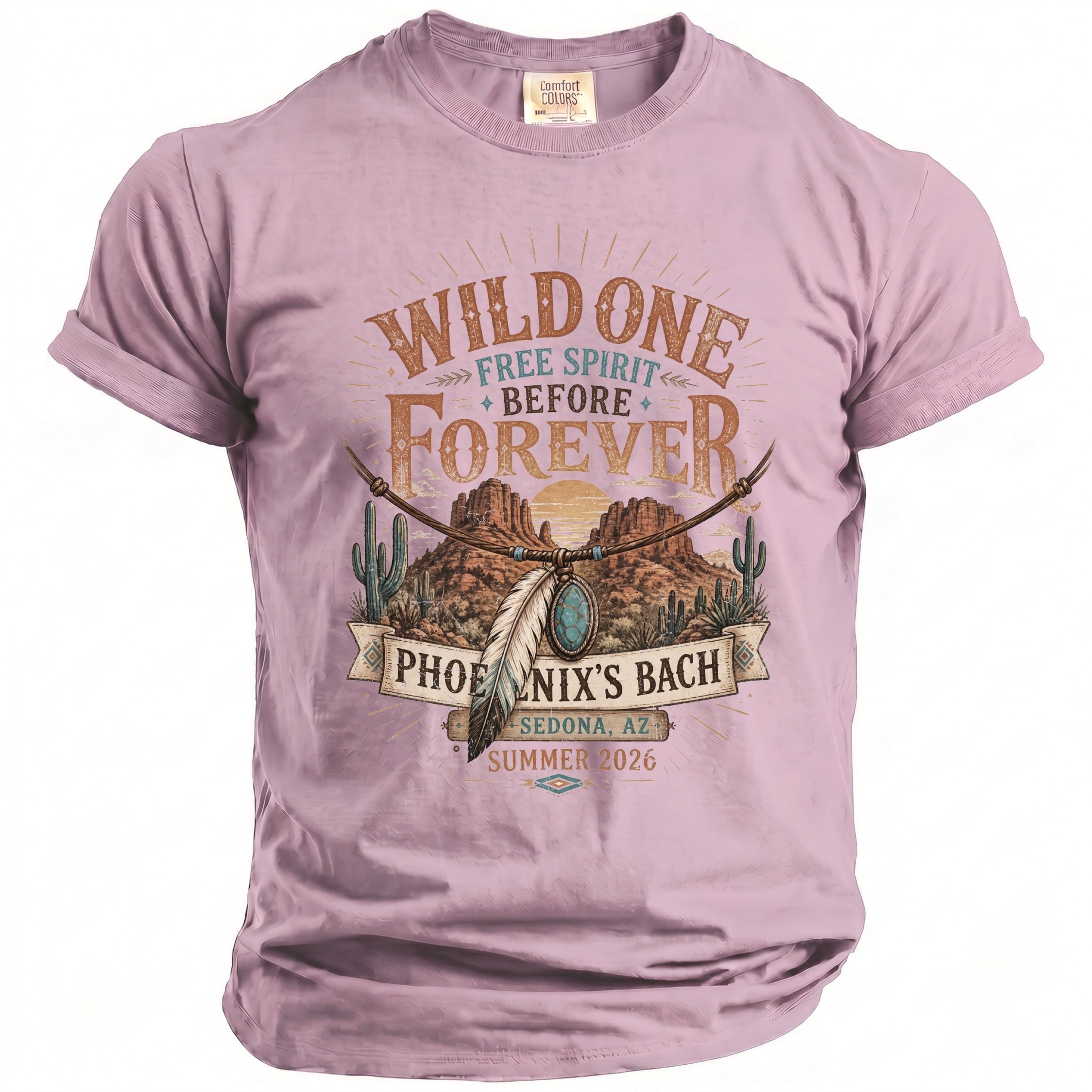 Pink comfort colors t-shirt with "Wild One Free Spirit Before Forever Phoenix's Bach" graphic.