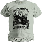 Dragon in suit smoking and holding whiskey, "Aged to Perfection Bachelor Party" text.
