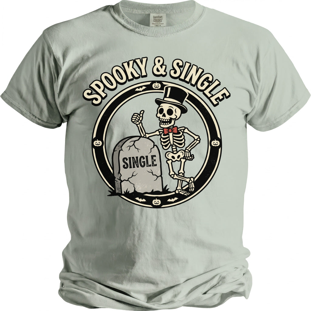 Skeleton with top hat and "Single" gravestone, "Spooky & Single" text.