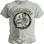 Skeleton with top hat and "Single" gravestone, "Spooky & Single" text.