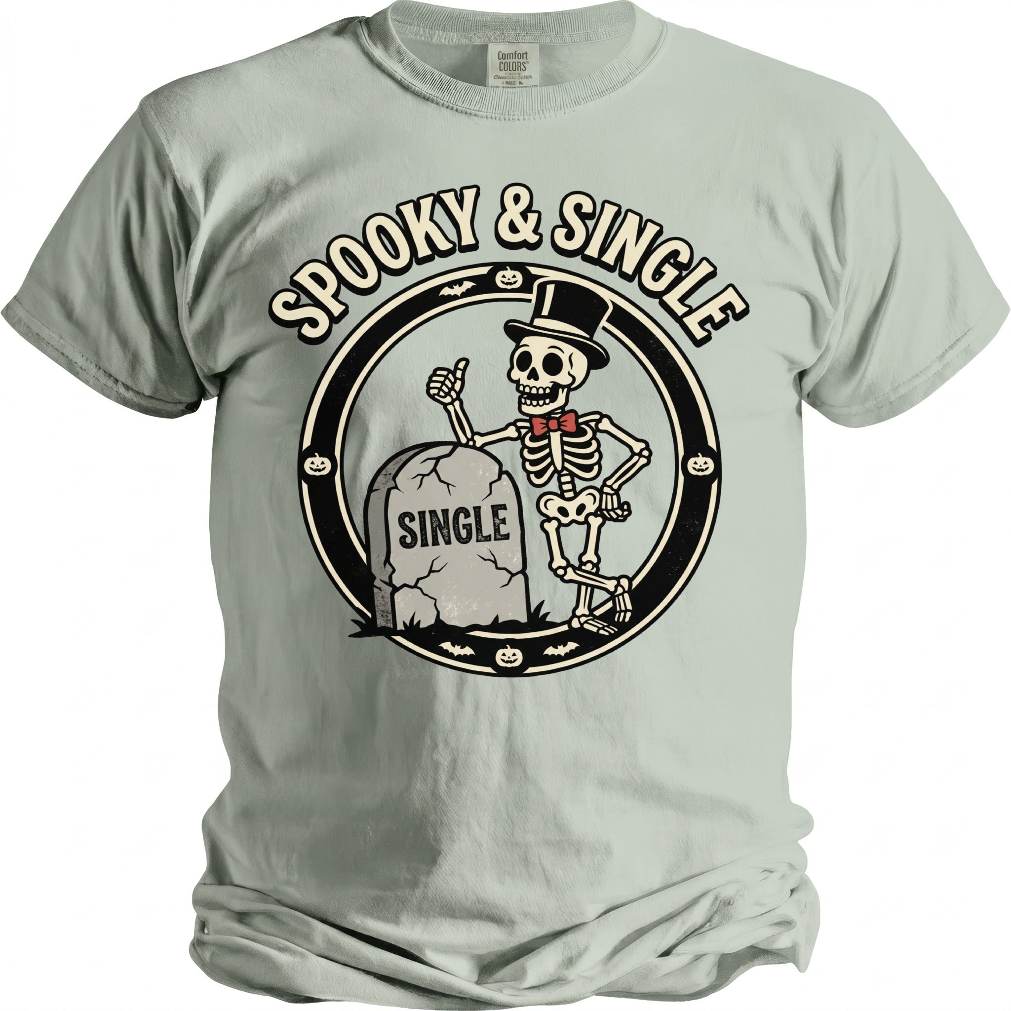 Skeleton with top hat and "Single" gravestone, "Spooky & Single" text.