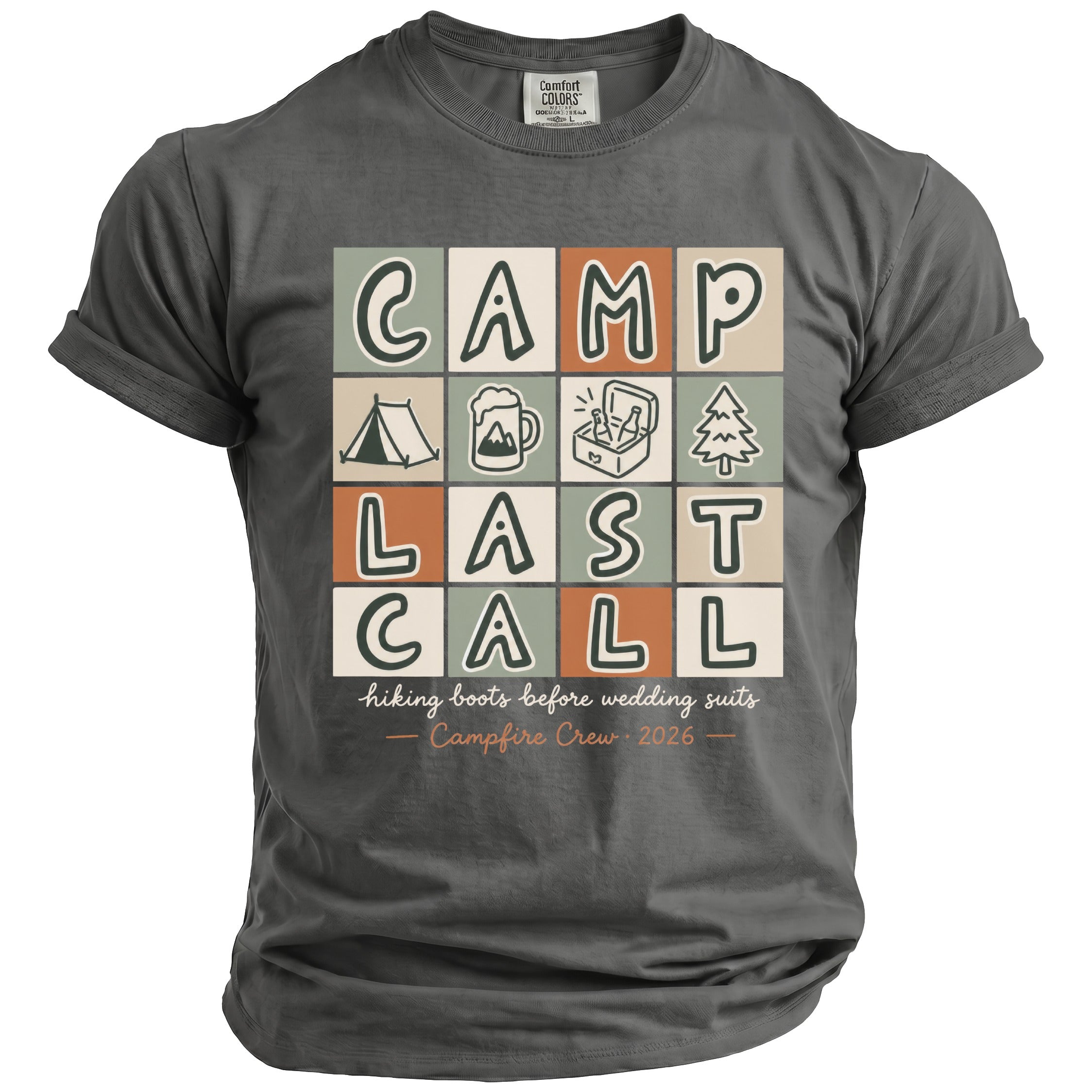Grey t-shirt with "CAMP LAST CALL" graphic and camping icons.