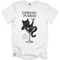 Black cat in martini glass with text "ESPRESSO PURRSO SAME CAFFEINE DIFFERENT ATTITUDE."