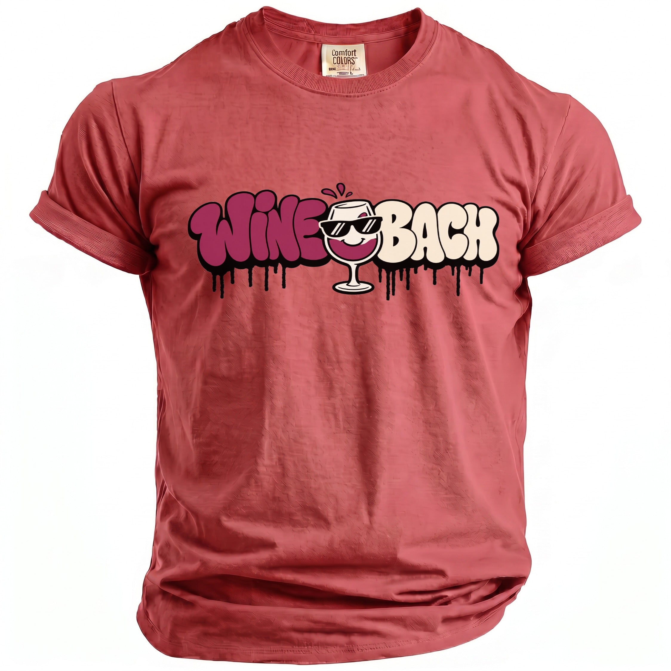 Red t-shirt with "Wine o'Clock" graphic featuring a wine glass wearing sunglasses.