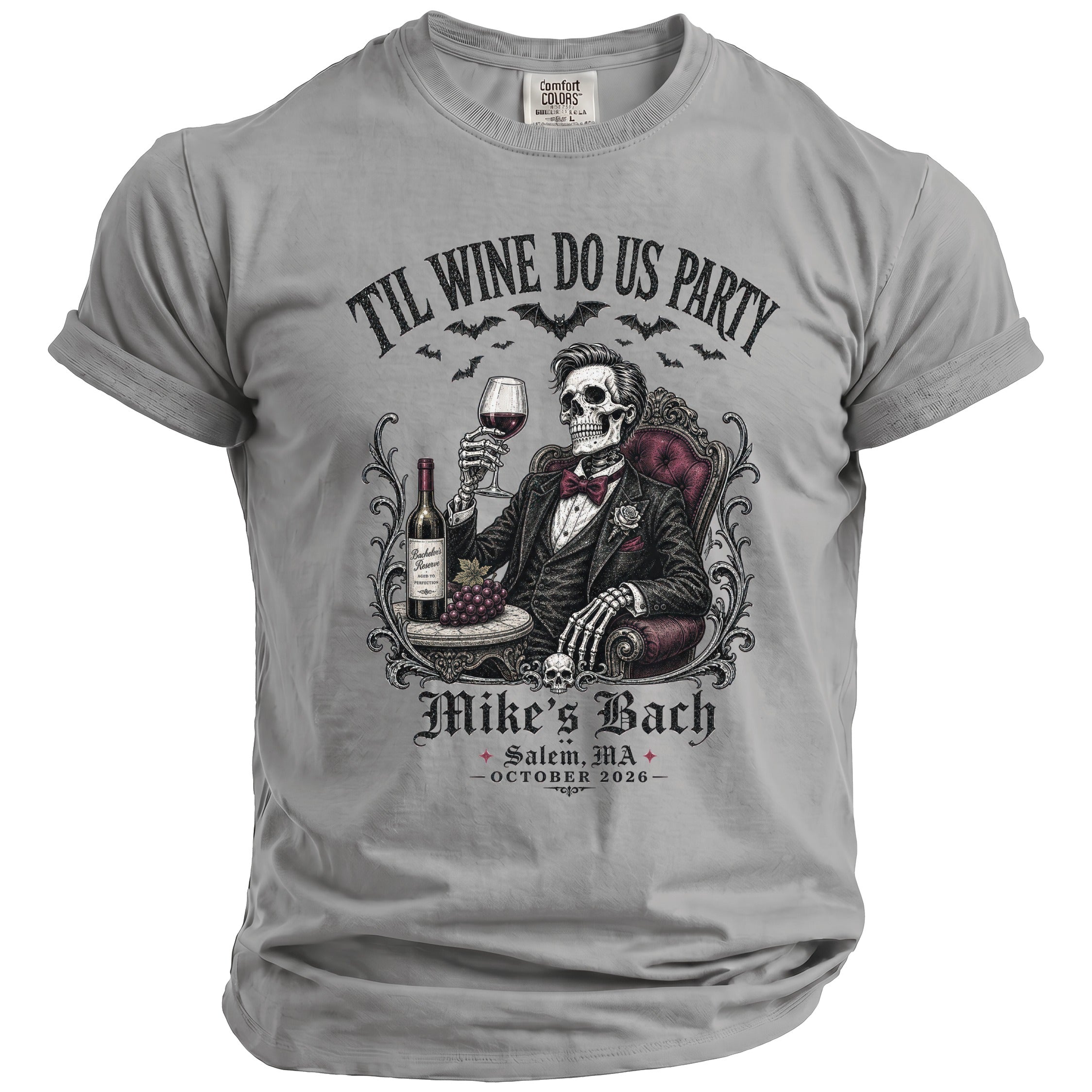 Skeleton in suit holds wine glass; text: "Til Wine Do Us Party", "Mike's Bach", "Salem, MA - October 2026".