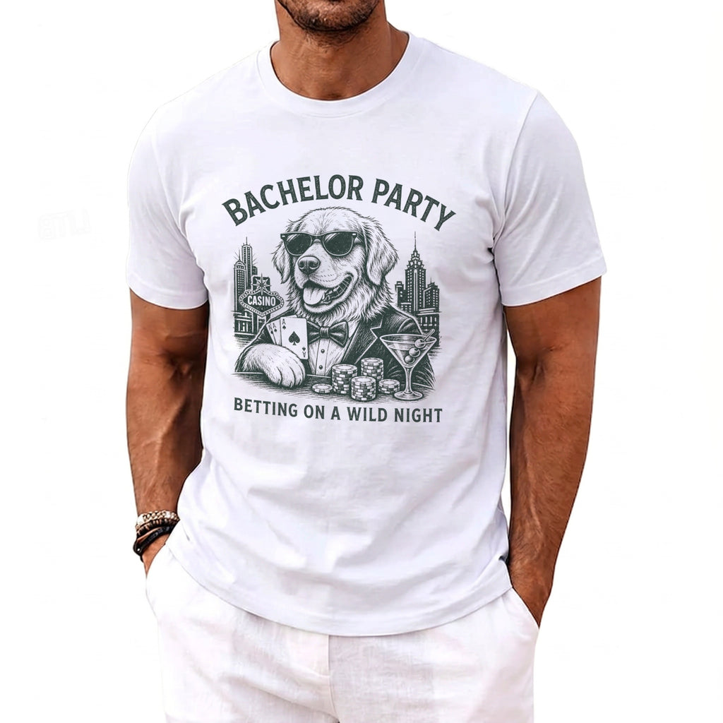 White t-shirt with "Bachelor Party" and a dog in sunglasses playing cards.