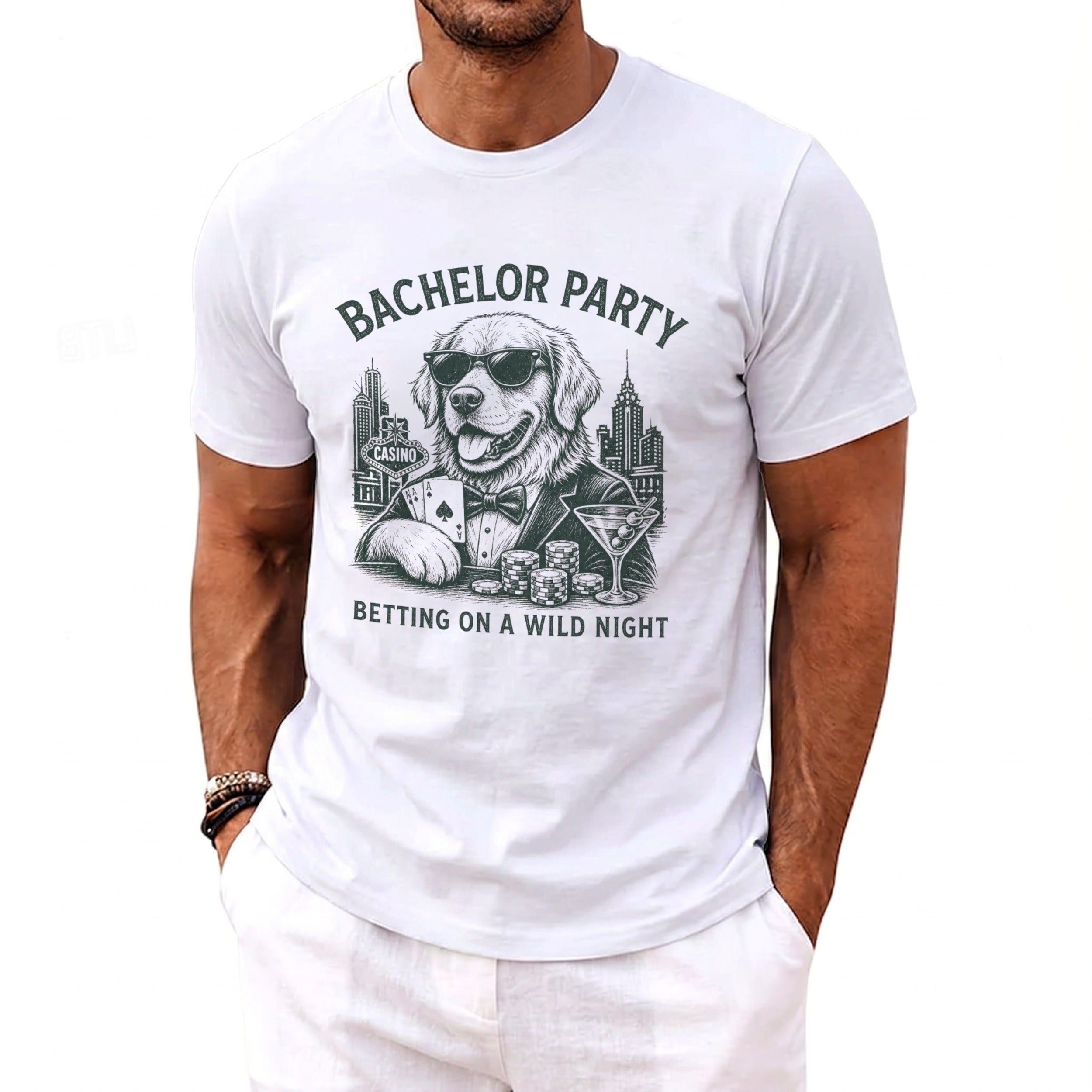 White t-shirt with "Bachelor Party" and a dog in sunglasses playing cards.
