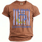 Brown t-shirt with blue text "THE FINAL Countdown" and broken chain graphic.