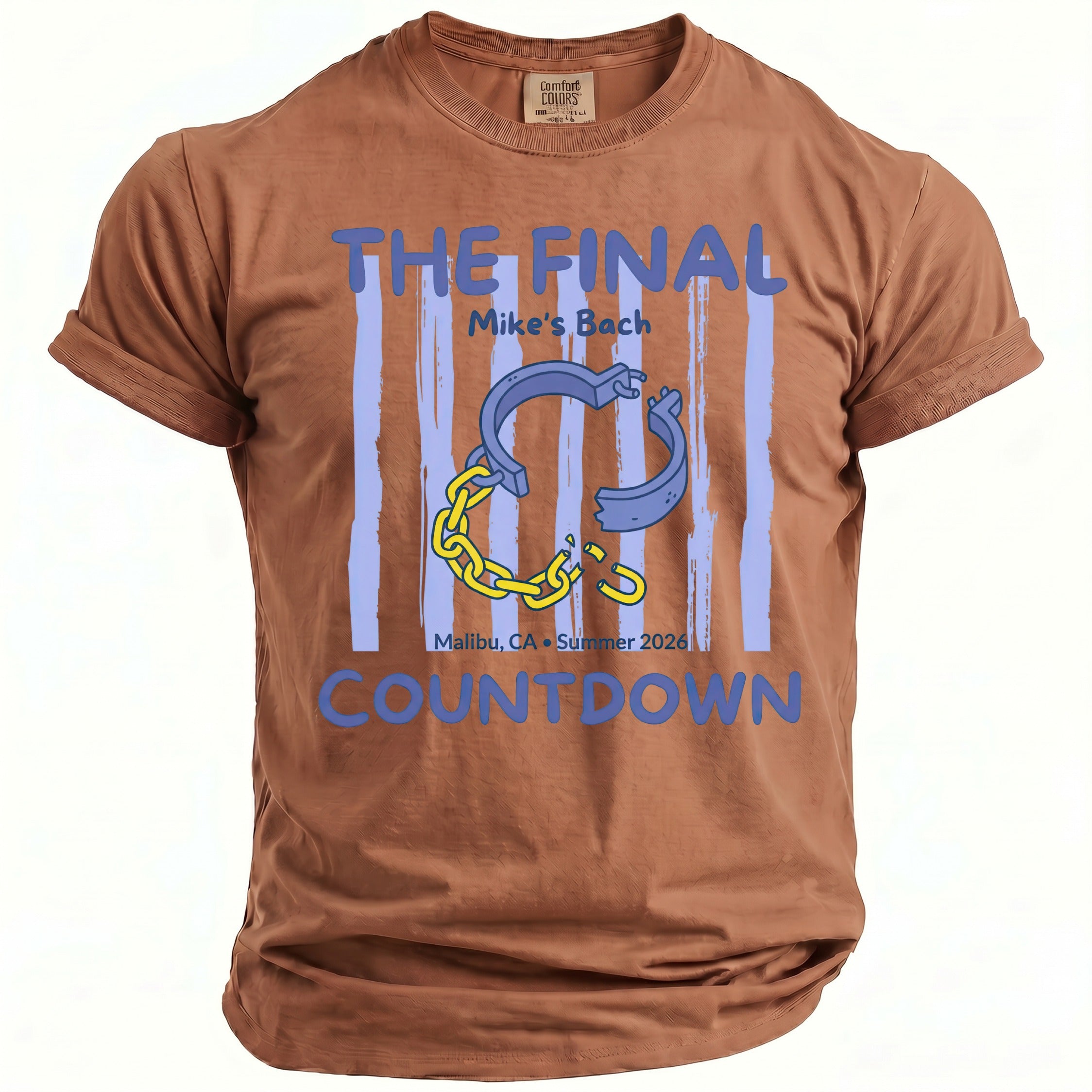 Brown t-shirt with blue text "THE FINAL Countdown" and broken chain graphic.