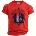 Red Comfort Colors t-shirt with gothic gate and man graphic, "Some Curses Follow You Home" text.