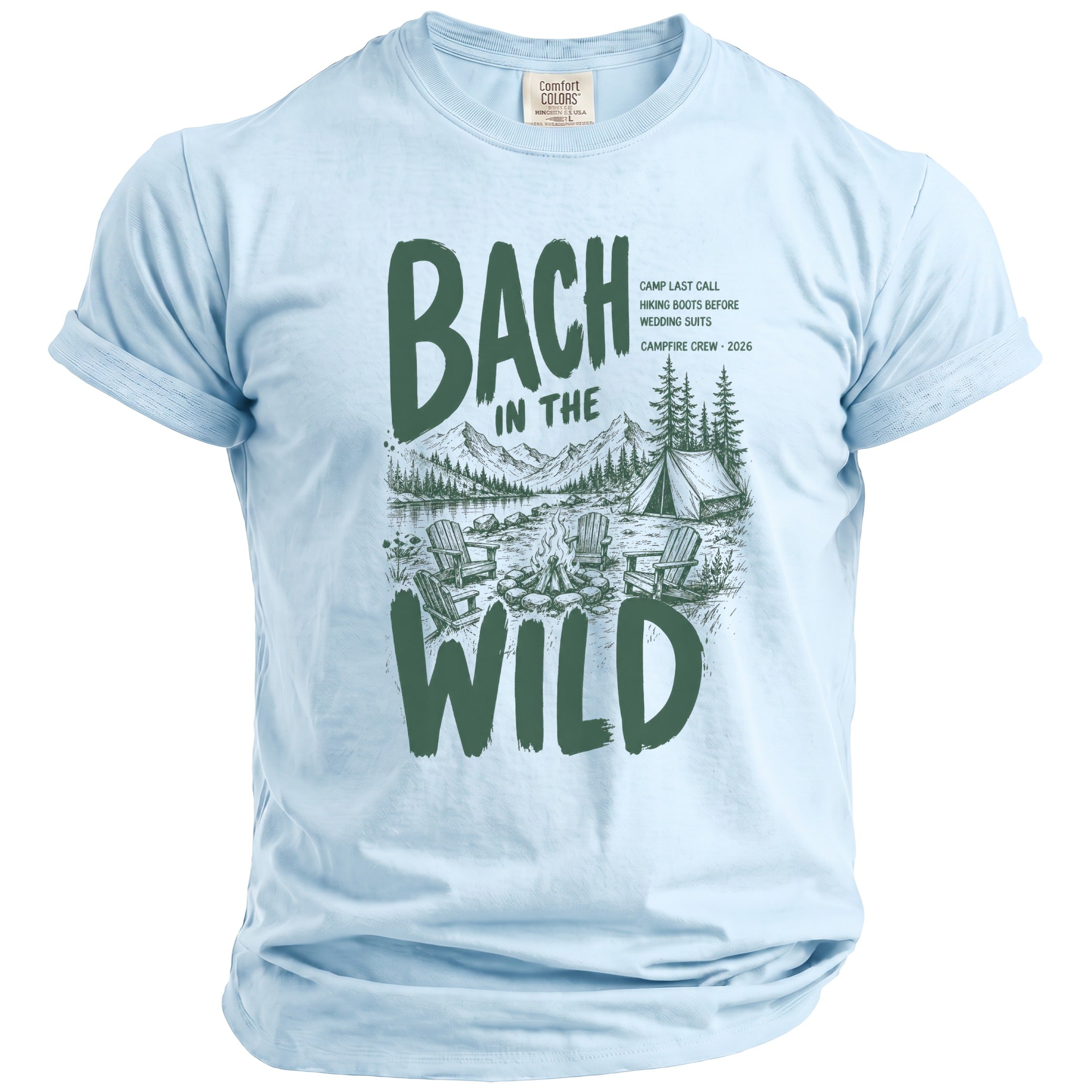 Light blue t-shirt with green text and camping graphic: "BACH IN THE WILD."