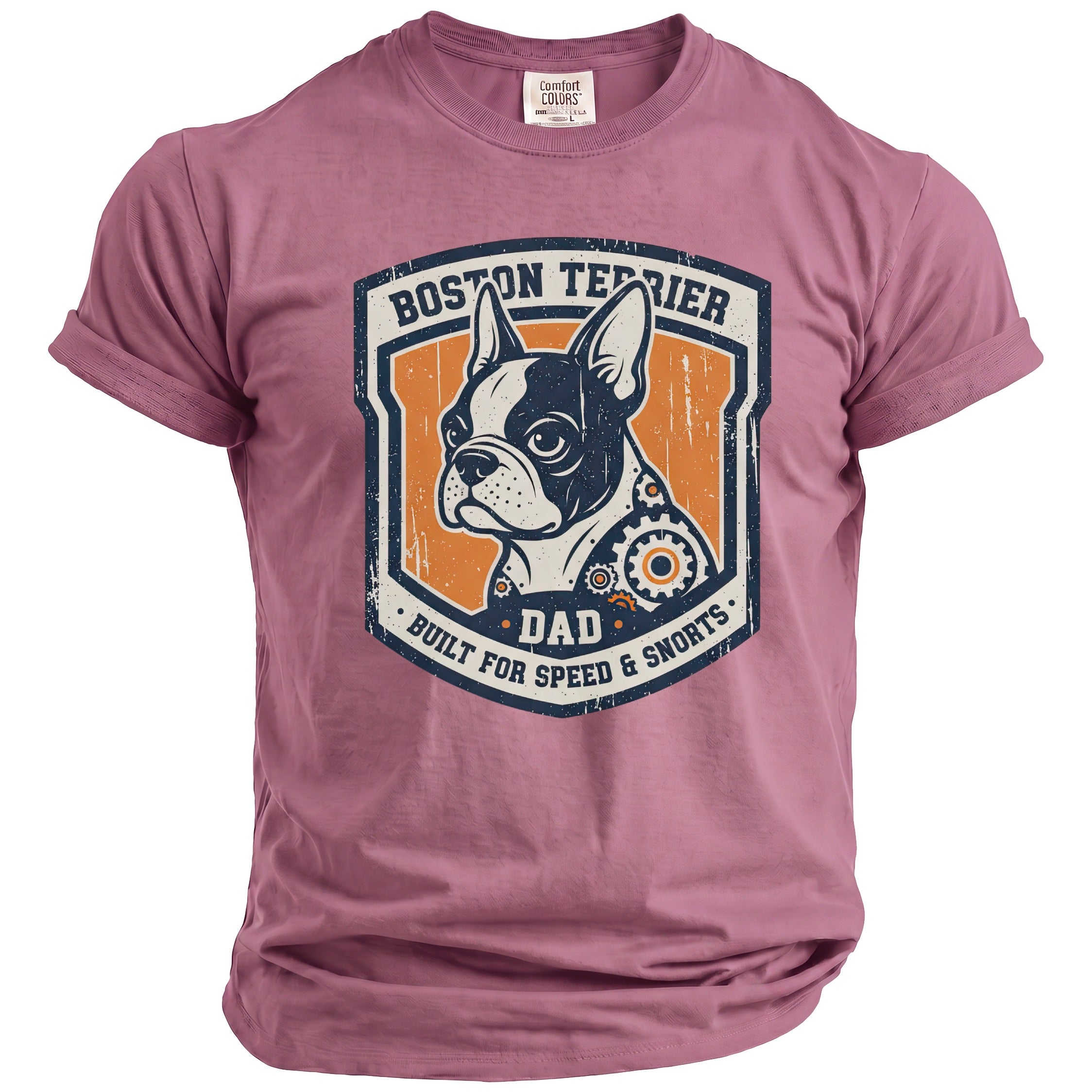 Boston Terrier Dad graphic t-shirt with distressed shield design and text.
