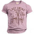 Skeleton golfer graphic on a pink t-shirt with text "Last Swing Before The Ring, Kenneth, Miami, FL, Est. 2026".